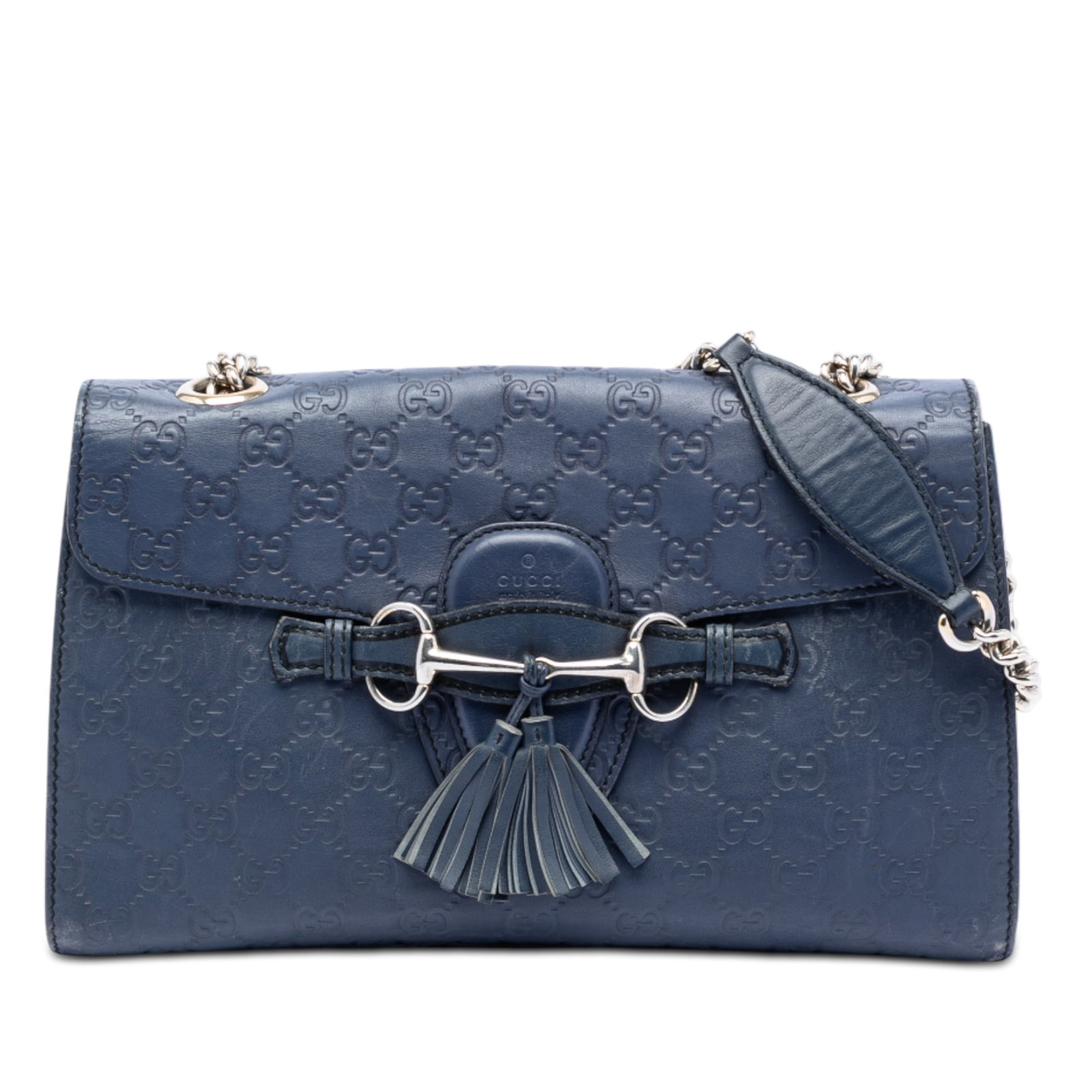 Gucci Emily Blue Leather Chain Strap Shoulder Bag Medium Guccissima: Gucci Emily Blue Leather Chain Strap Shoulder Bag Medium Guccissima This Medium Guccissima Emily Shoulder Bag features embossed blue leather, a chain link shoulder strap with a leather guard, and a fr