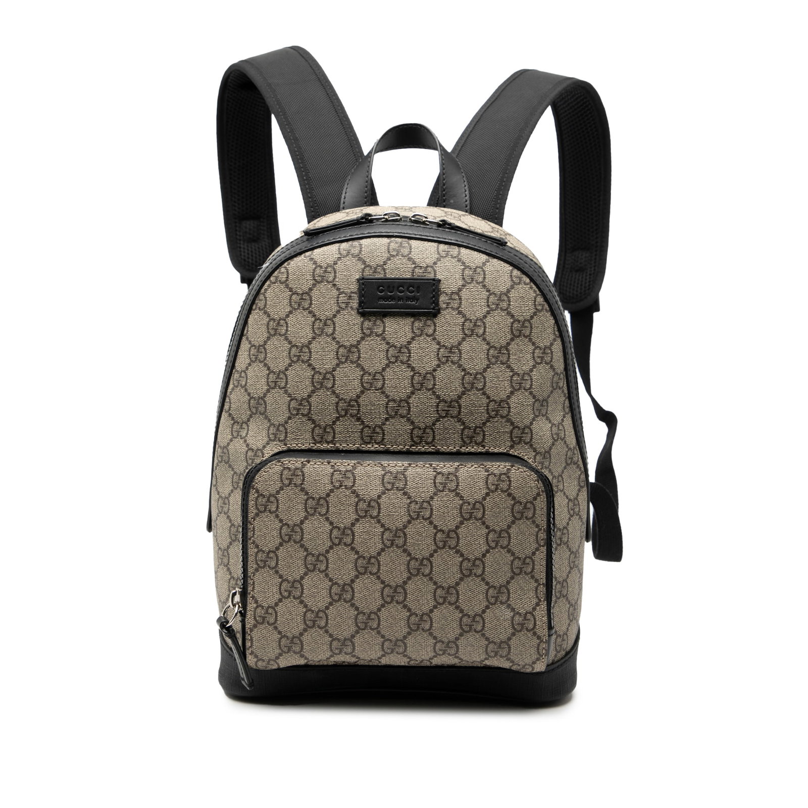 Small Eden Day Backpack in GG Supreme Canvas with Leather Trim by Gucci: Small Eden Day Backpack in GG Supreme Canvas with Leather Trim by Gucci The Gucci Small GG Supreme Eden Day Backpack features a coated canvas body with leather trim, a flat leather top handle, adjusta
