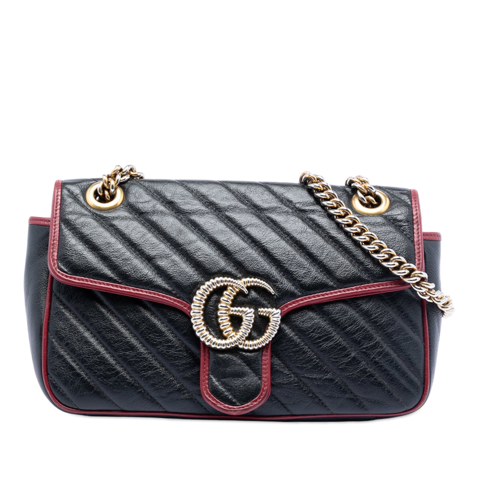 Gucci GG Marmont Medium Black Leather Matelasse Torchon Shoulder Bag: Gucci GG Marmont Medium Black Leather Matelasse Torchon Shoulder Bag This Gucci Medium GG Marmont Matelasse Diagonal Leather Torchon Shoulder Bag features a black leather body with a signature matelas