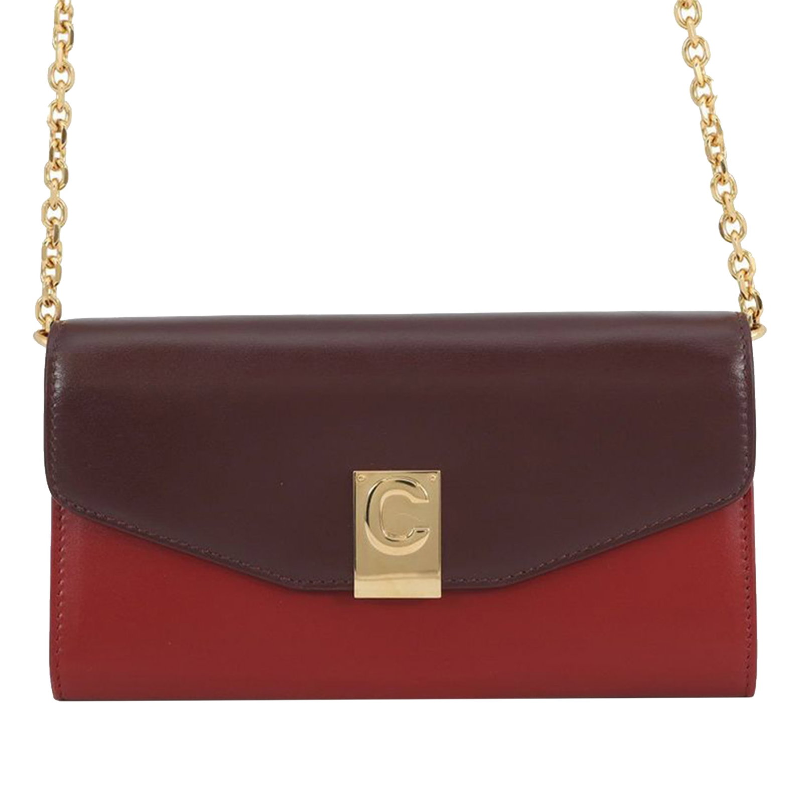 Celine Bicolor Leather Chain Wallet Crossbody Bag with Flap Closure: Celine Bicolor Leather Chain Wallet Crossbody Bag with Flap Closure This Celine Bicolor Leather C Bag Wallet On Chain features a red leather exterior, a front flap with a push lock closure, and a chai