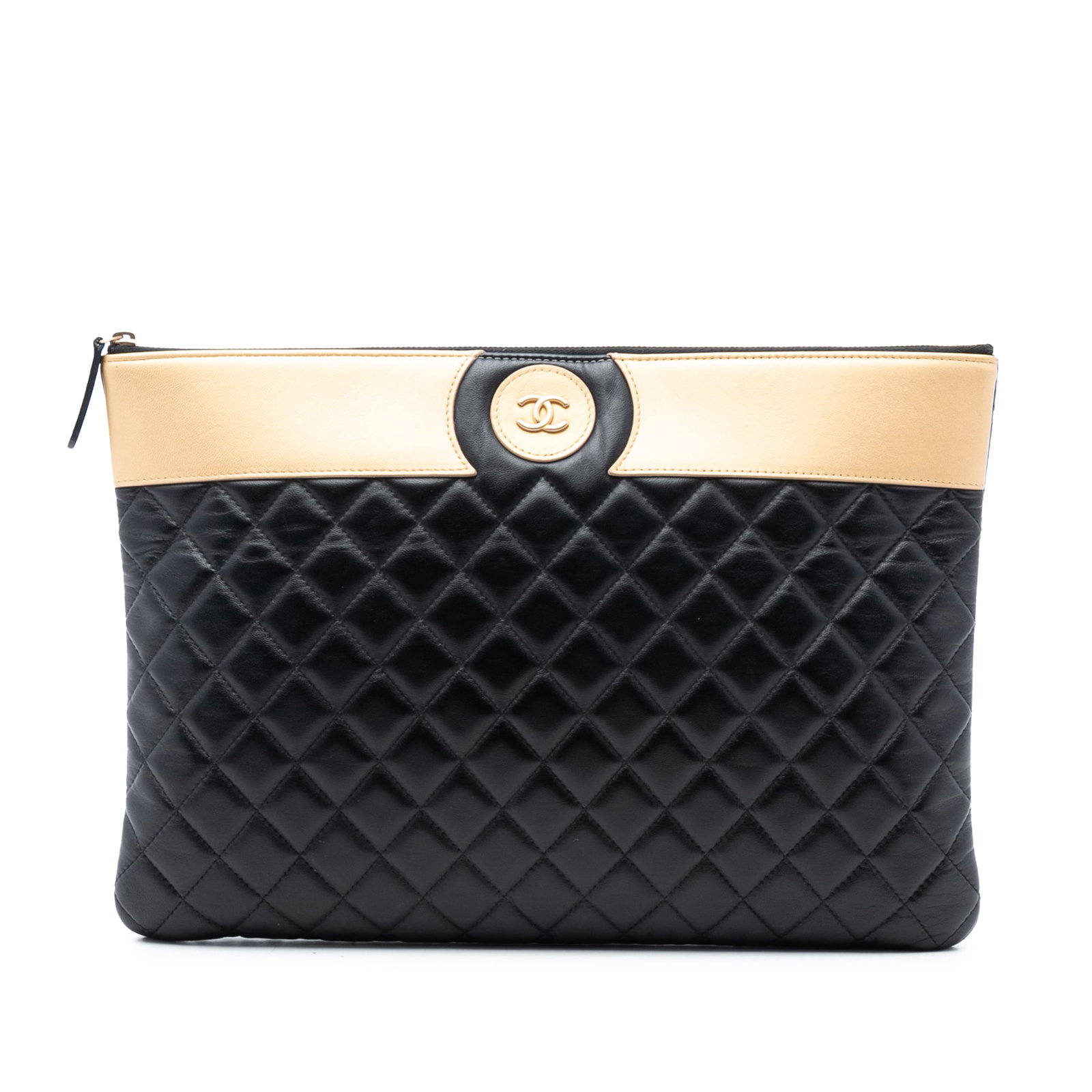 Bicolor Quilted Lambskin Clutch by Chanel with Large CC Logo: Bicolor Quilted Lambskin Clutch by Chanel with Large CC Logo This Chanel Large CC Bicolor Quilted Lambskin Clutch features a quilted leather exterior in a two-tone color scheme and a top zip closure. 