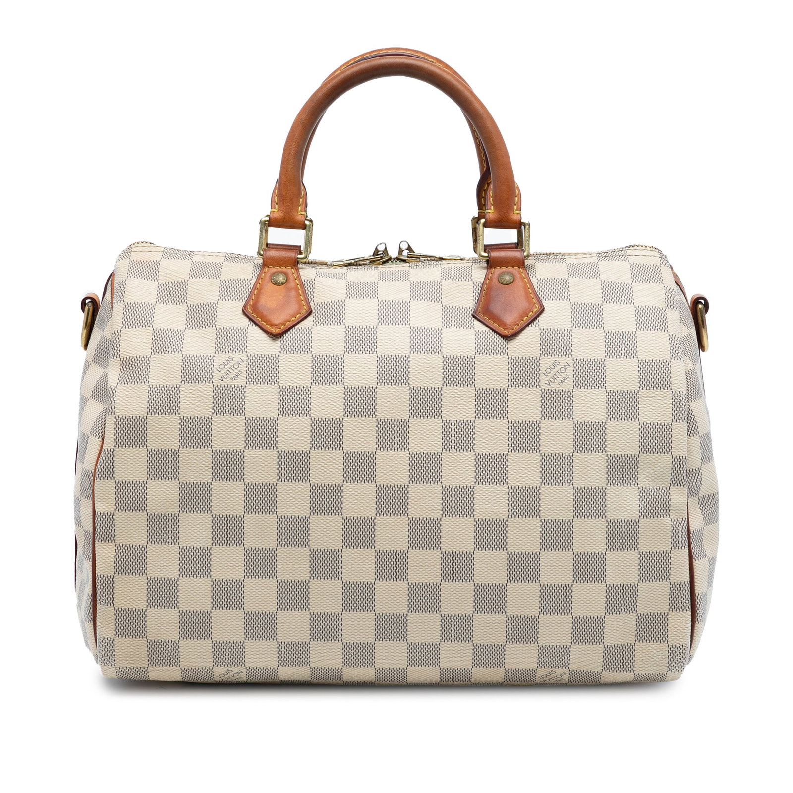 Louis Vuitton Speedy Bandouliere 30 Damier Azur Canvas Shoulder Bag: Louis Vuitton Speedy Bandouliere 30 Damier Azur Canvas Shoulder Bag This Louis Vuitton Damier Azur Speedy Bandouliere 30 features a signature Damier canvas body with vachetta leather trim, rolled vach