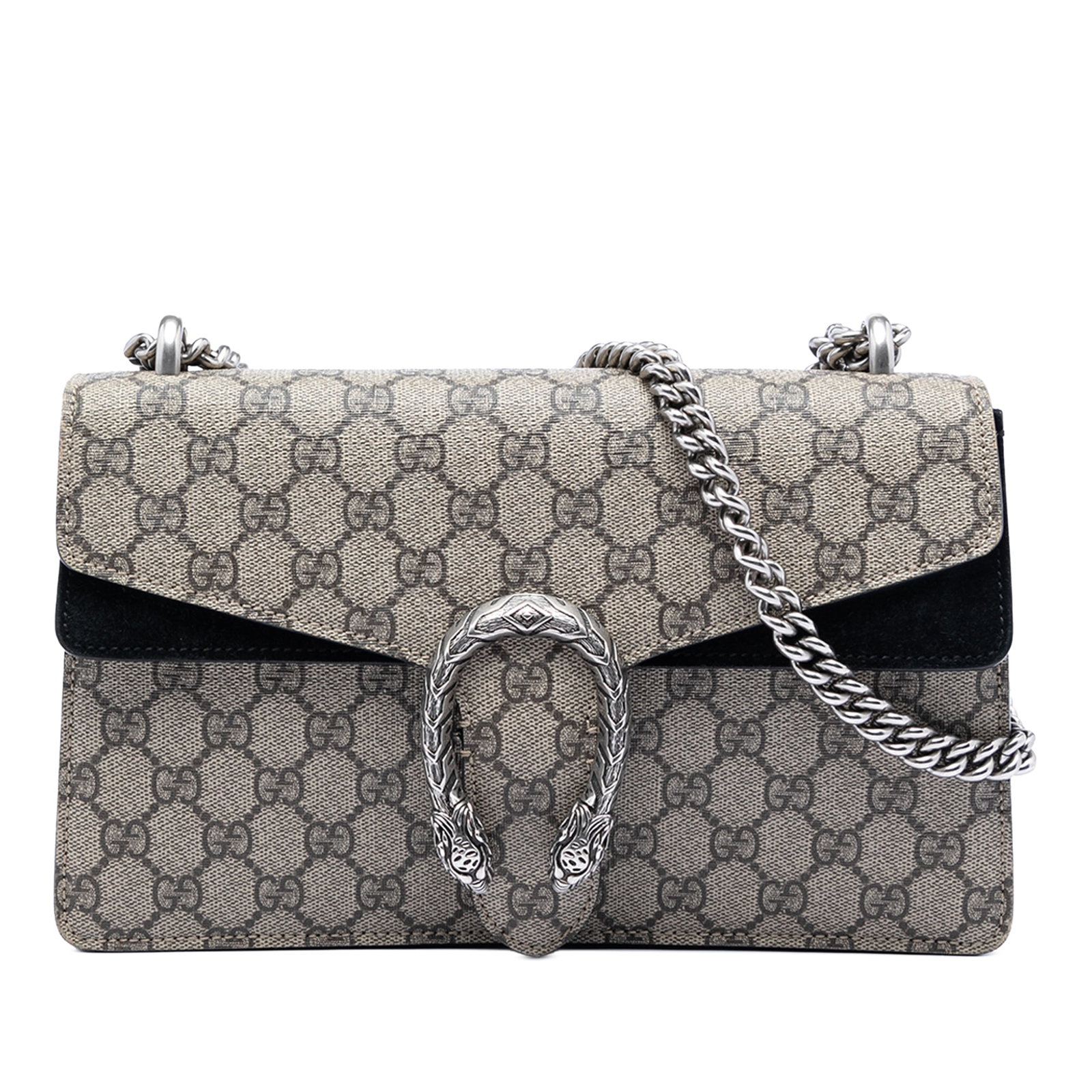 Medium Dionysus GG Supreme Canvas Shoulder Bag with Suede Trim: Medium Dionysus GG Supreme Canvas Shoulder Bag with Suede Trim This Gucci Medium GG Supreme Dionysus Shoulder Bag features a coated canvas body with suede leather trim, a chain link shoulder strap, a 