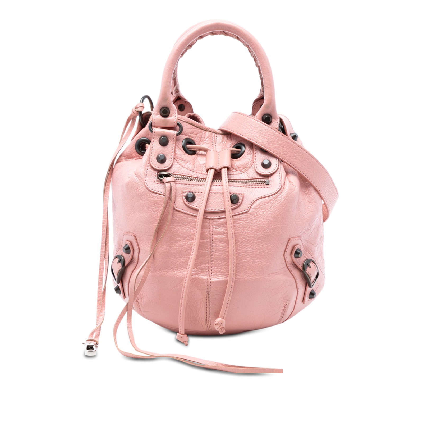Mini Motocross Pompon Pink Lambskin Handbag by Balenciaga: Mini Motocross Pompon Pink Lambskin Handbag by Balenciaga This Balenciaga Mini Lambskin Motocross Giant 12 Pompon Bag showcases a pink lambskin leather body with rolled leather handles and a detachabl