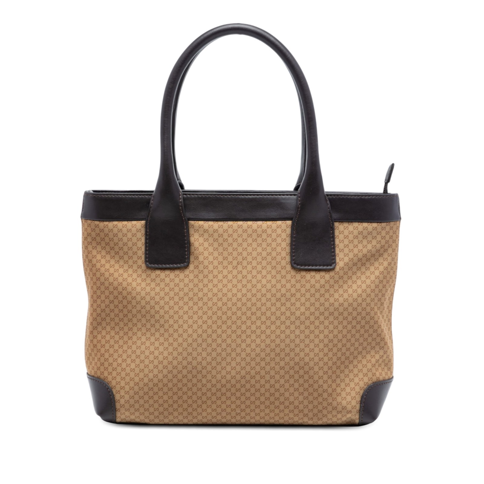 Beige Micro GG Supreme Tote Bag by Gucci with Leather Trim: Beige Micro GG Supreme Tote Bag by Gucci with Leather Trim This Gucci Micro GG Supreme Tote features a coated canvas body with leather trim, rolled leather handles, a top zip closure, and an interior 