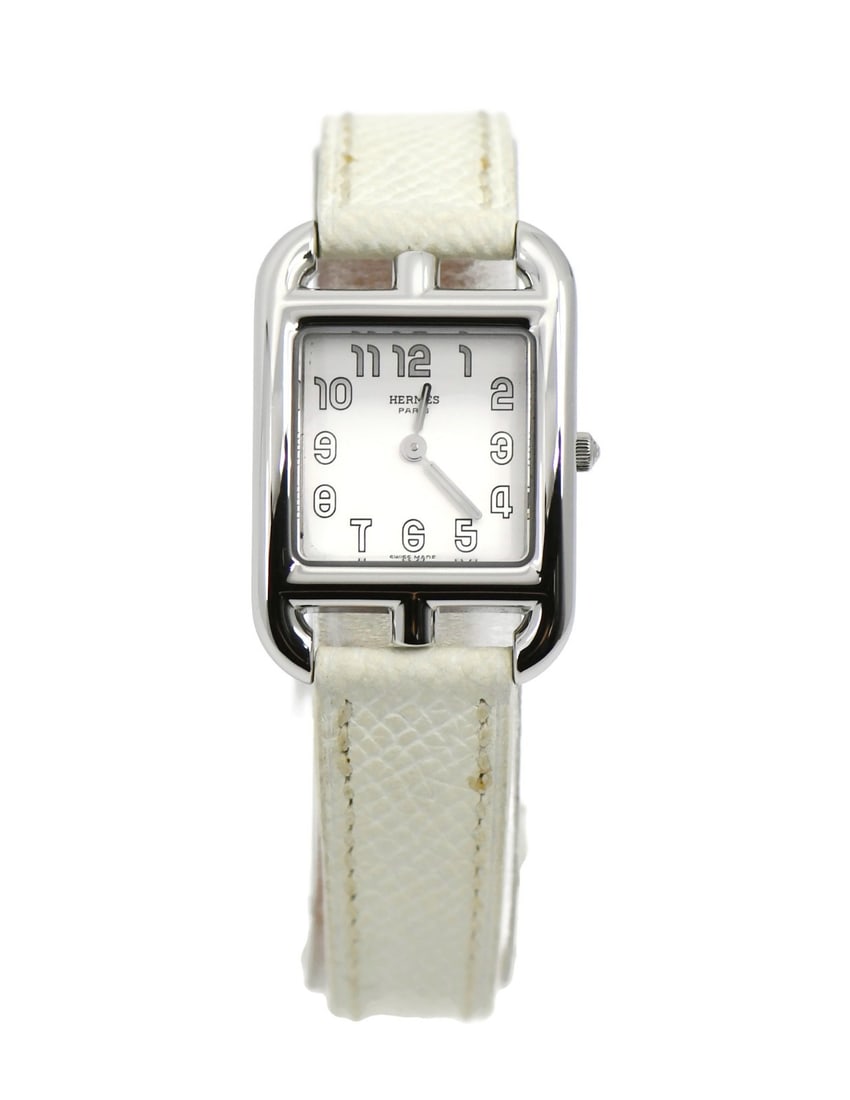 Hermes Cape Cod Quartz Stainless Steel Watch CC1.210 White Leather Band: Hermes Cape Cod Quartz Stainless Steel Watch CC1.210 White Leather Band Experience timeless elegance with the Hermes Cape Cod Stainless Steel Watch. This exquisite wristwatch features a sleek stainles