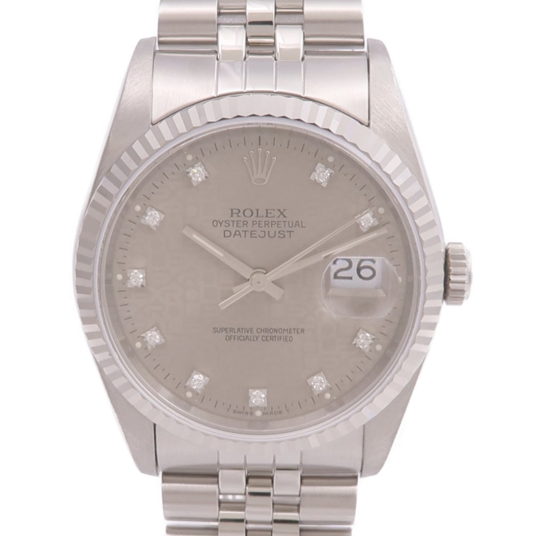 Rolex Datejust 16234G Silver Automatic White Gold Steel Wristwatch: Rolex Datejust 16234G Silver Automatic White Gold Steel Wristwatch This ROLEX Datejust 16234G is a distinguished men's wristwatch featuring a blend of 18K white gold and stainless steel. It is equippe