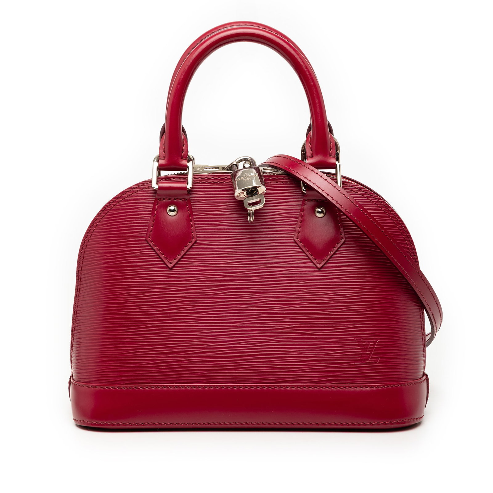 Pink Epi Leather Alma BB Bag by Louis Vuitton with Detachable Strap: Pink Epi Leather Alma BB Bag by Louis Vuitton with Detachable Strap The Louis Vuitton Epi Alma BB is crafted from epi leather in pink and features rolled top handles, a detachable flat strap, and a to