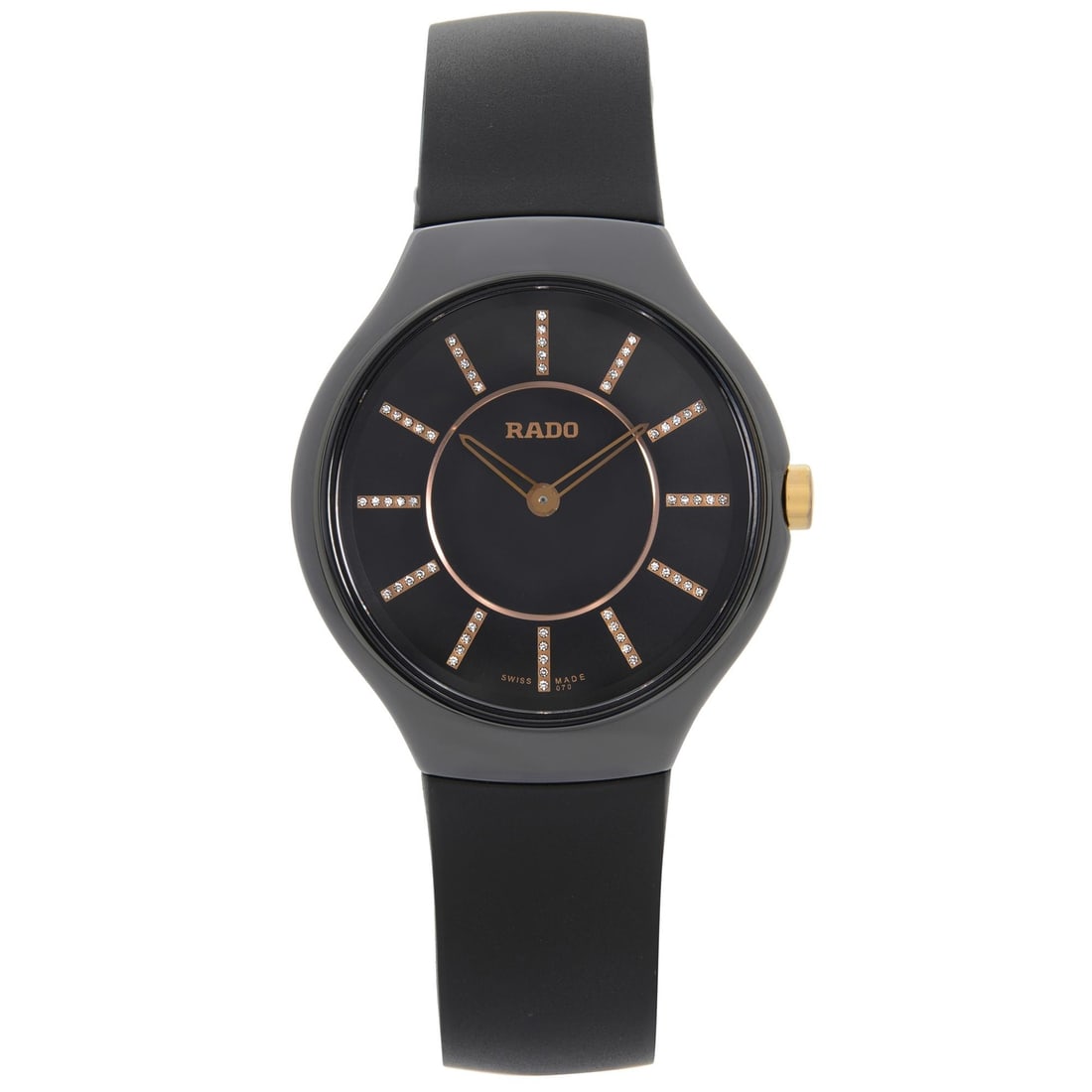 Rado True Thinline 30mm Black Diamond Dial Ladies Quartz Watch R27742709: Rado True Thinline 30mm Black Diamond Dial Ladies Quartz Watch R27742709 The Rado True Thinline is a sophisticated ladies' quartz watch featuring a striking black diamond dial. This elegant timepiece 
