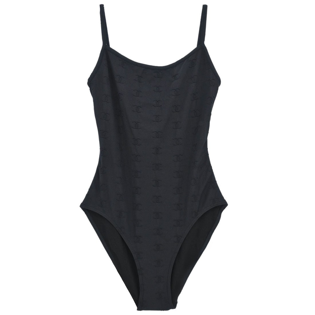 Chanel Black Swimsuit 97P Size 38 with Logo Accent: Chanel Black Swimsuit 97P Size 38 with Logo Accent Chanel offers this stylish black swimsuit, designed for elegance and performance. This swimsuit is crafted from a premium blend of 90.1% nylon and 9.