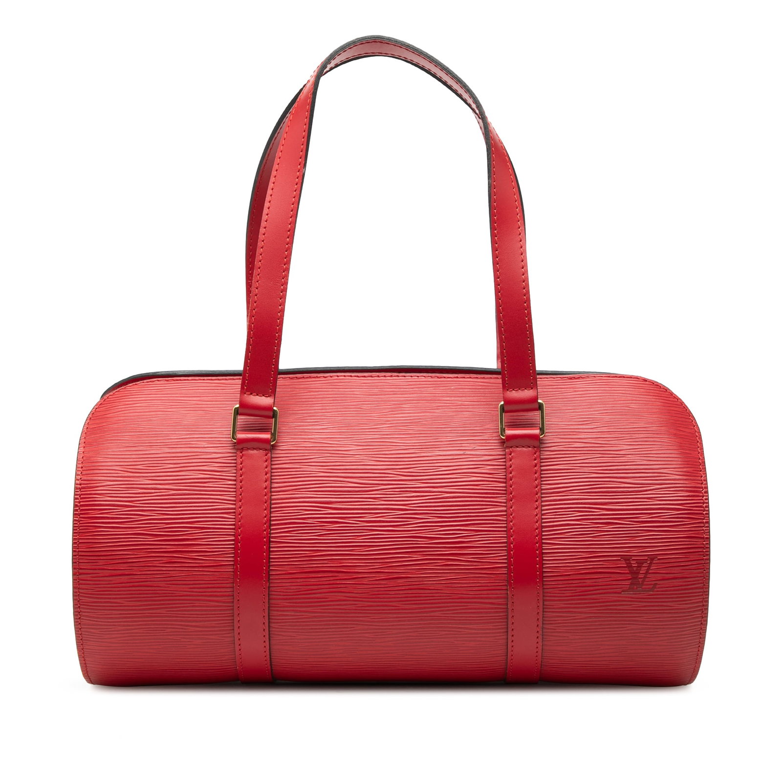 Louis Vuitton Epi Leather Soufflot Red Handbag with Top Zip France: Louis Vuitton Epi Leather Soufflot Red Handbag with Top Zip France This Louis Vuitton Epi Soufflot bag features a red epi leather body with flat leather handles and a top zip closure. The interior inc