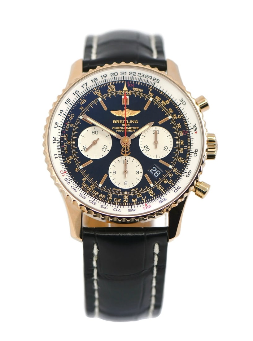 Navitimer 01 Rose Gold Chronograph Automatic Ref RB0120 with Box and Papers: Navitimer 01 Rose Gold Chronograph Automatic Ref RB0120 with Box and Papers This Breitling Navitimer 01 Chronograph wristwatch features a mechanical automatic movement housed in a 43 mm 18K rose gold 