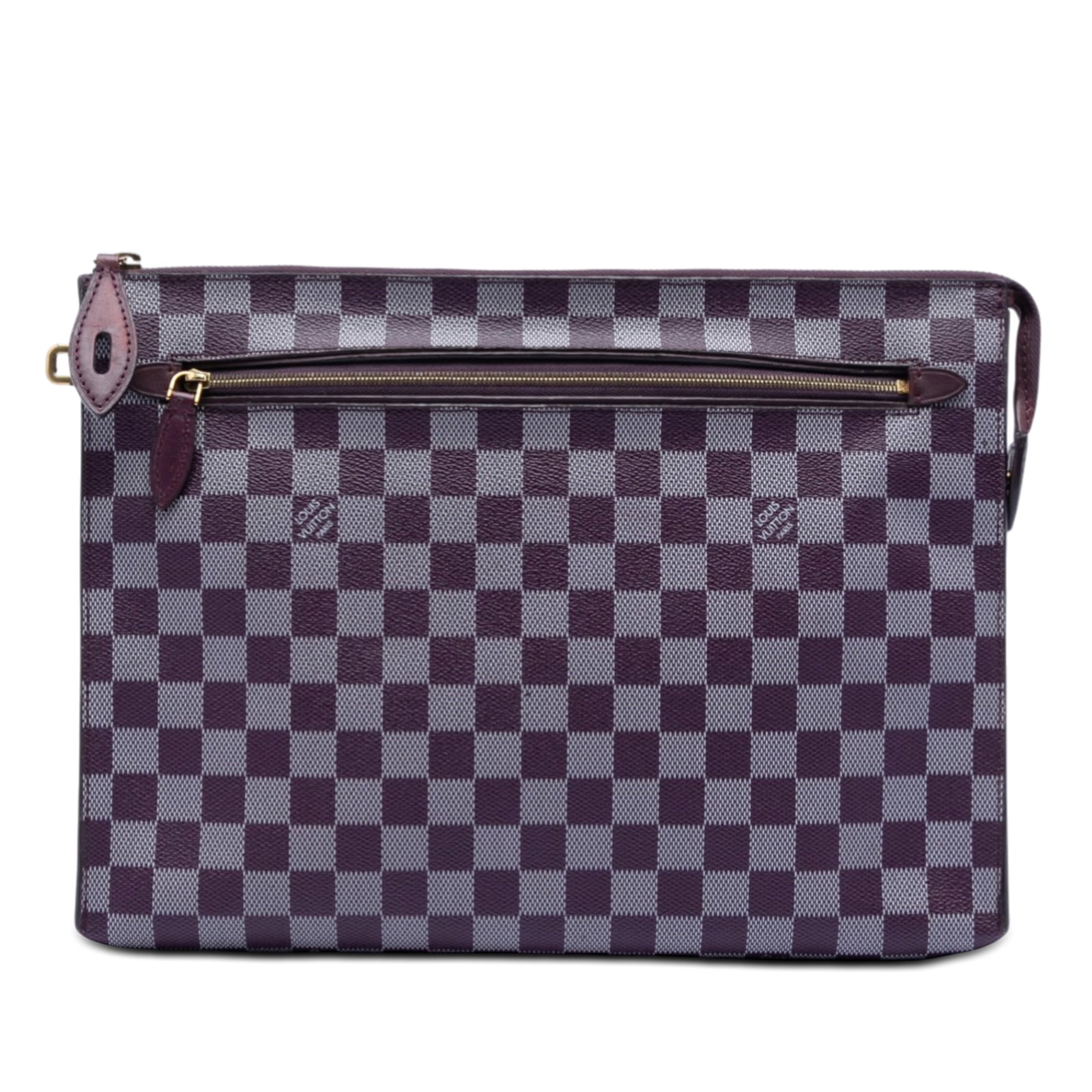 Damier Couleurs Canvas Clutch Bag with Leather Trim by Louis Vuitton: Damier Couleurs Canvas Clutch Bag with Leather Trim by Louis Vuitton This Louis Vuitton Damier Couleurs Kit Clutch features a canvas body with leather trim in a purple color. It is designed with a top