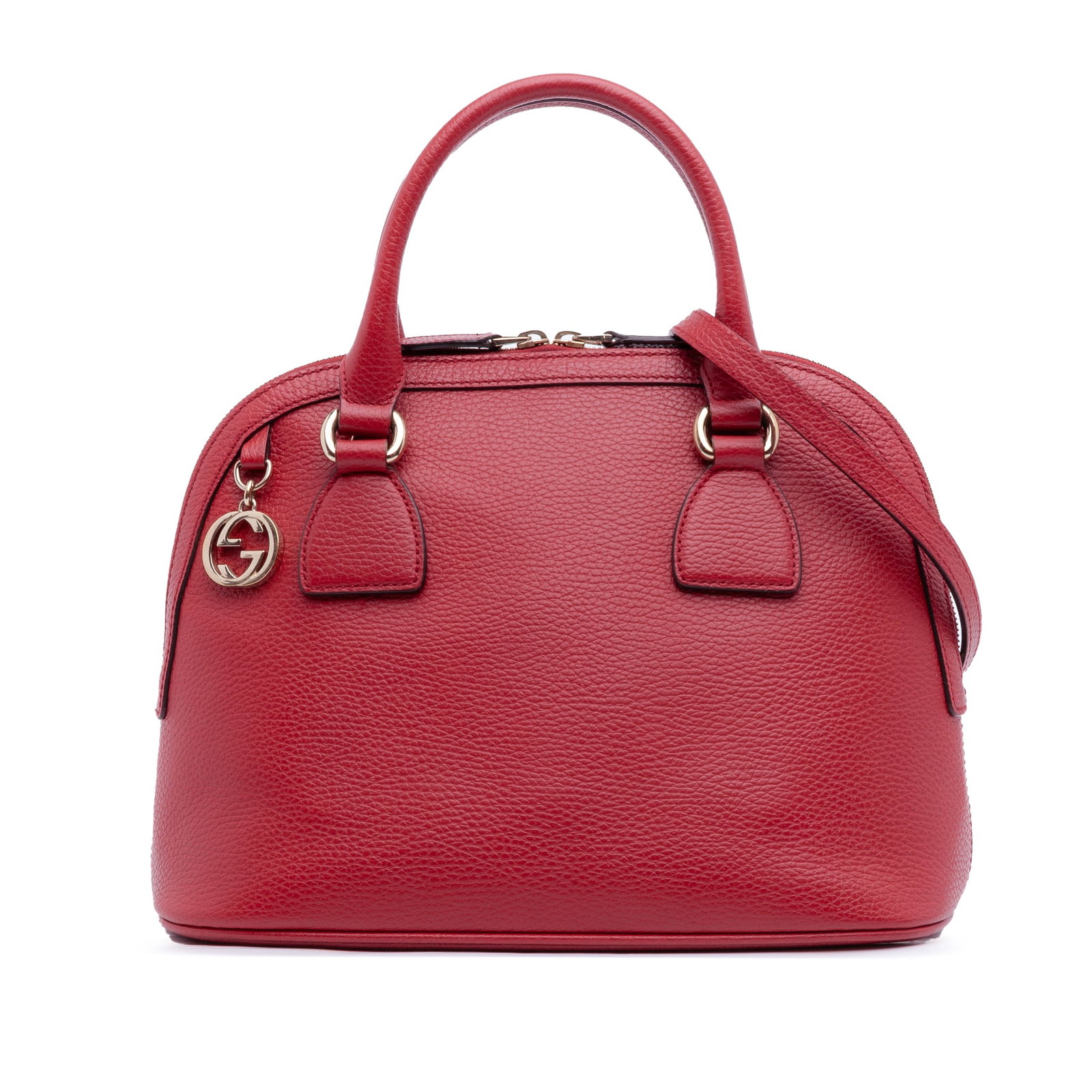 Red Leather Small Dome Satchel with GG Charm by Gucci: Red Leather Small Dome Satchel with GG Charm by Gucci This Gucci Small Dollar Calfskin GG Charm Dome Satchel is crafted in red calf leather and features rolled leather handles, a detachable flat leath