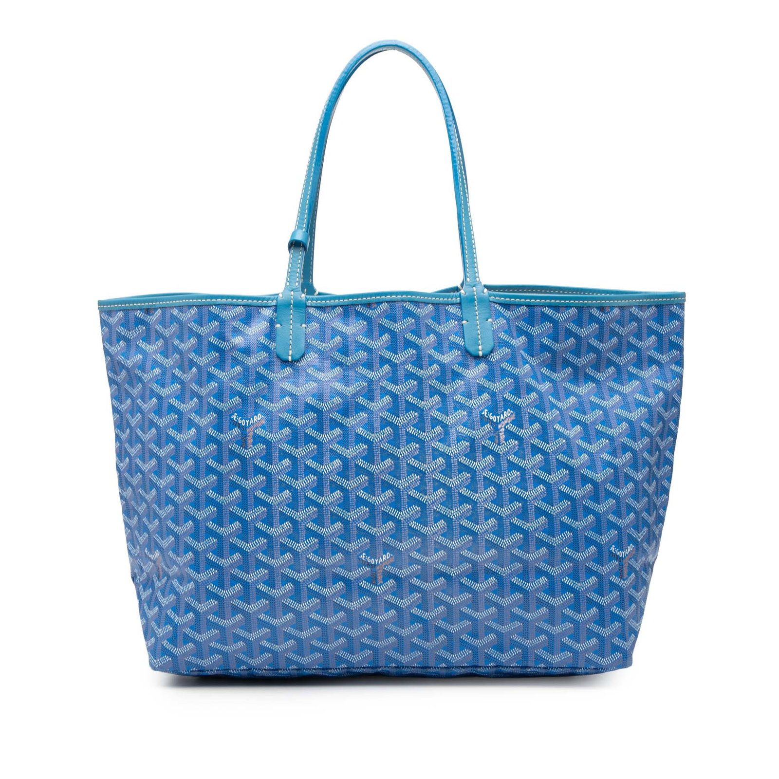 Goyard Saint Louis PM Blue Tote with Pouch: Goyard Saint Louis PM Blue Tote with Pouch The Saint Louis PM is a luxury tote bag featuring a blue coated canvas body with leather trim, flat leather handles, an open top, and an included pouch. The 