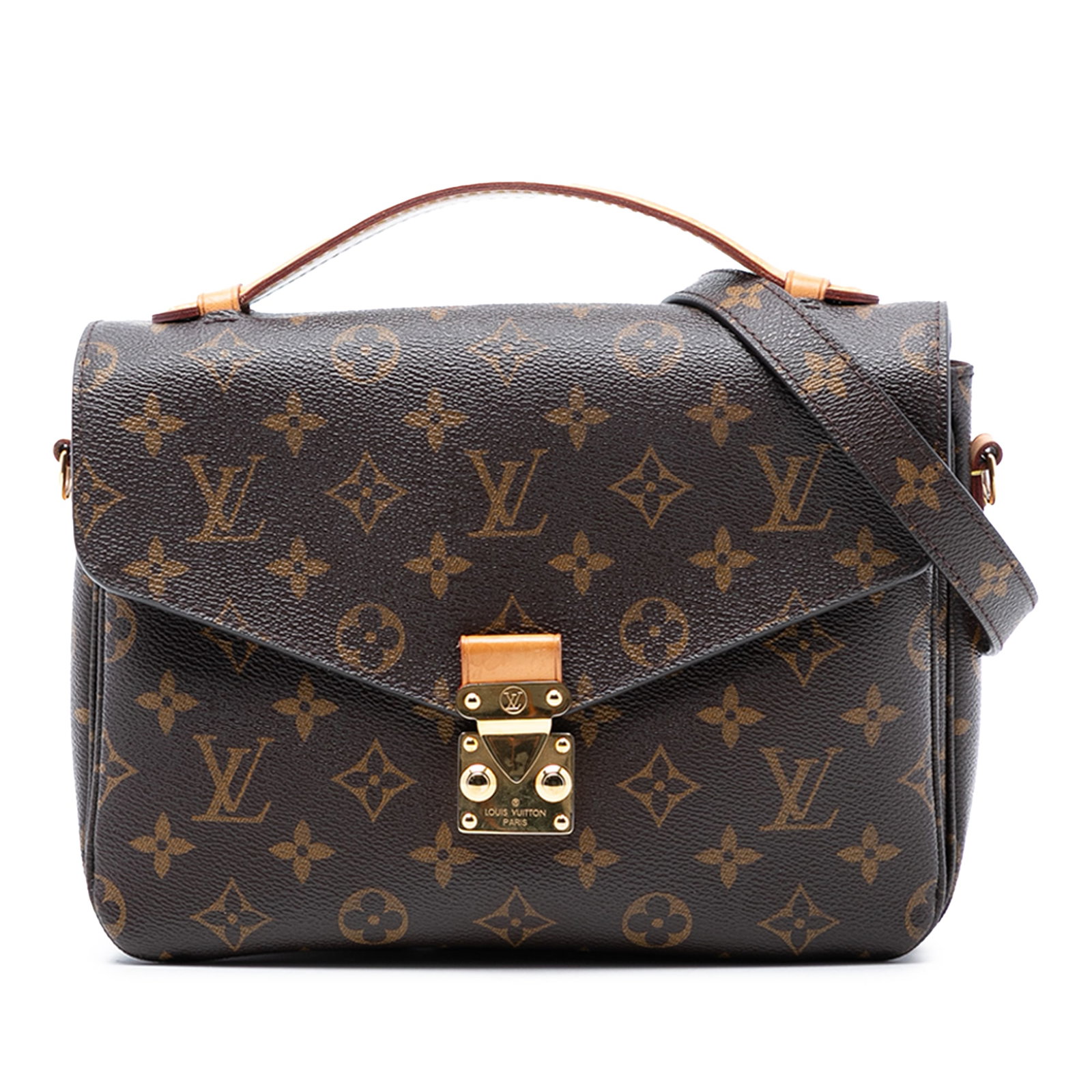 Louis Vuitton Pochette Metis Monogram Canvas Shoulder Bag with S-Lock: Louis Vuitton Pochette Metis Monogram Canvas Shoulder Bag with S-Lock The Louis Vuitton Monogram Pochette Metis features a monogram canvas body with a flat vachetta leather top handle and a detachable