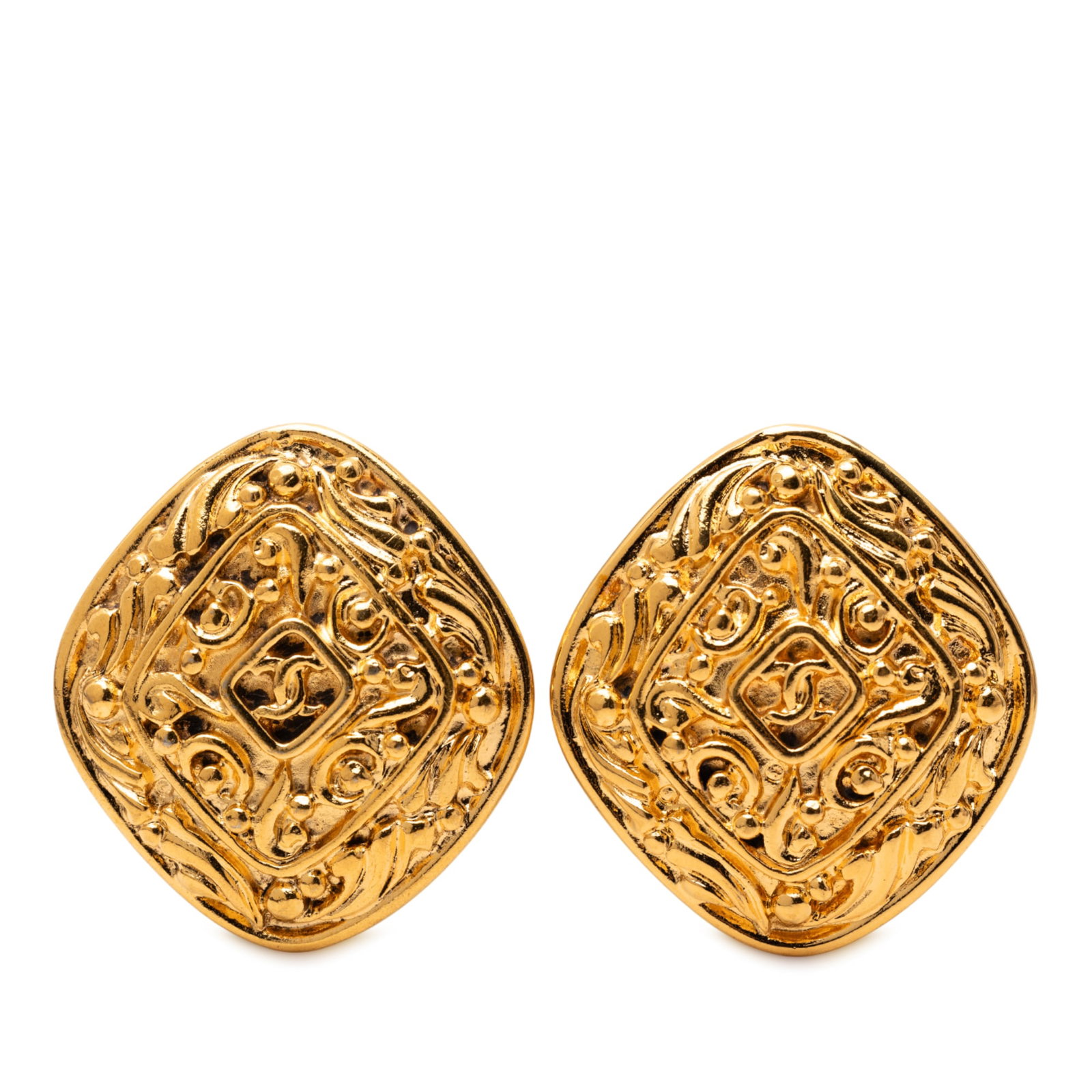 Chanel Clip On Earrings Gold Plated CC Logo Design: Chanel Clip On Earrings Gold Plated CC Logo Design These Chanel earrings feature the iconic CC logo in a gold-plated metal design with a clip-on closure. Crafted in France, they are classified as cost