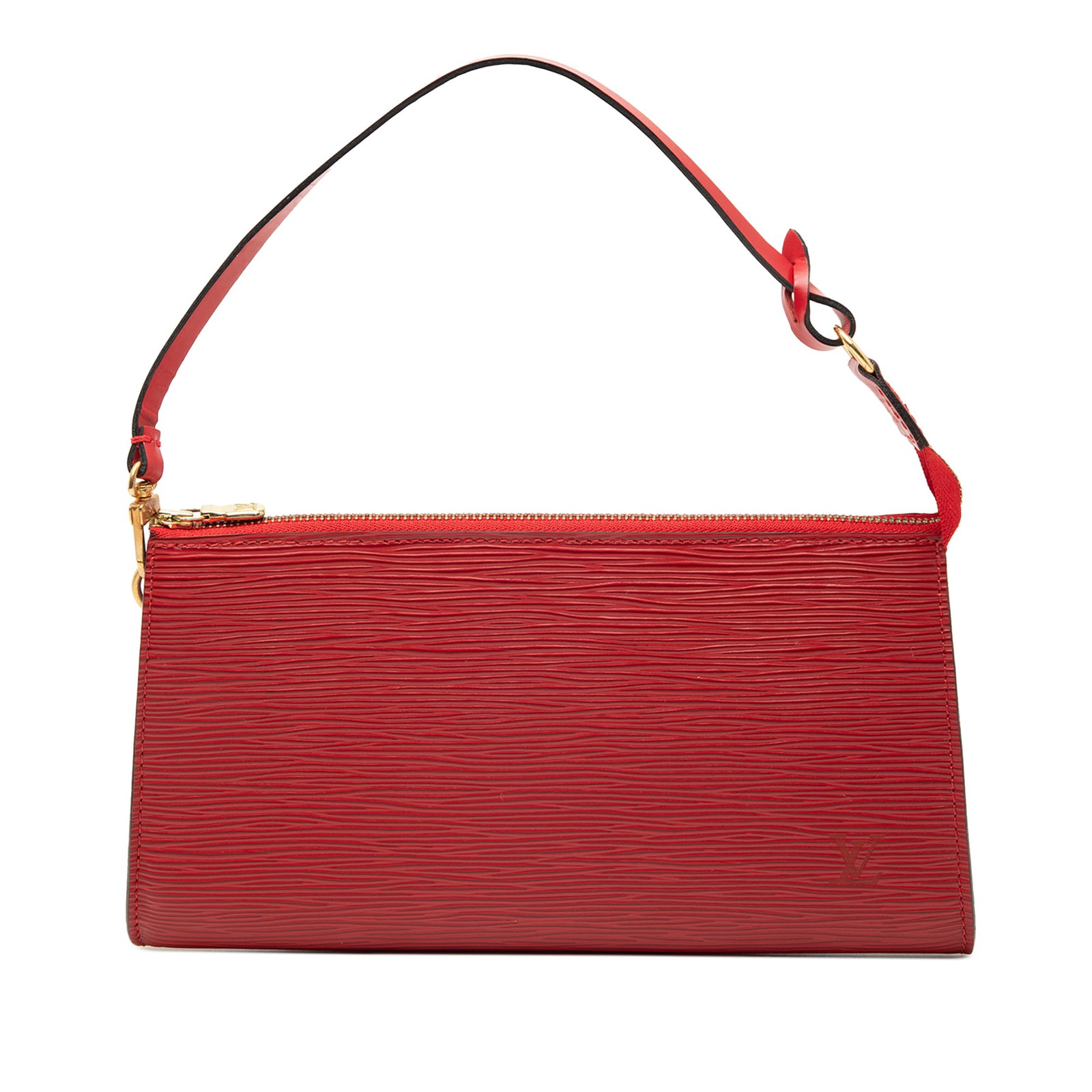Red Epi Leather Pochette Accessoires Shoulder Bag by Louis Vuitton: Red Epi Leather Pochette Accessoires Shoulder Bag by Louis Vuitton This Louis Vuitton Epi Pochette Accessoires features a red epi leather body, a flat leather shoulder strap, and a top zip closure. Th