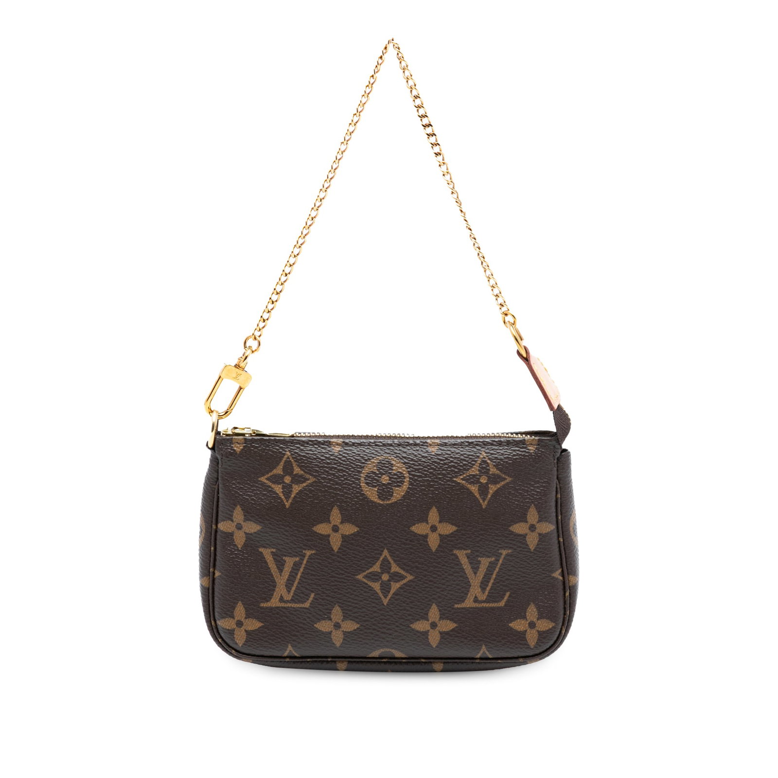 Louis Vuitton Mini Monogram Canvas Pouch with Gold Chain Strap: Louis Vuitton Mini Monogram Canvas Pouch with Gold Chain Strap This Louis Vuitton Monogram Mini Pochette Accessoires features a brown monogram canvas body, a gold-tone chain strap, and a top zip closu