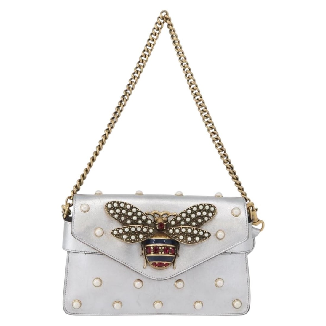 Gucci Broadway Silver Leather Shoulder Bag with Pearly Bee Detail (1 of 18)