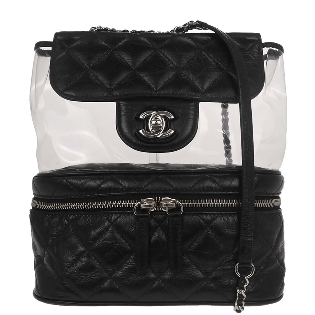 Chanel Aquarium Medium Black Leather and PVC Shoulder Bag: Chanel Aquarium Medium Black Leather and PVC Shoulder Bag This Chanel shoulder bag features black calfskin leather combined with PVC elements, creating a unique aquarium-inspired design. It includes a
