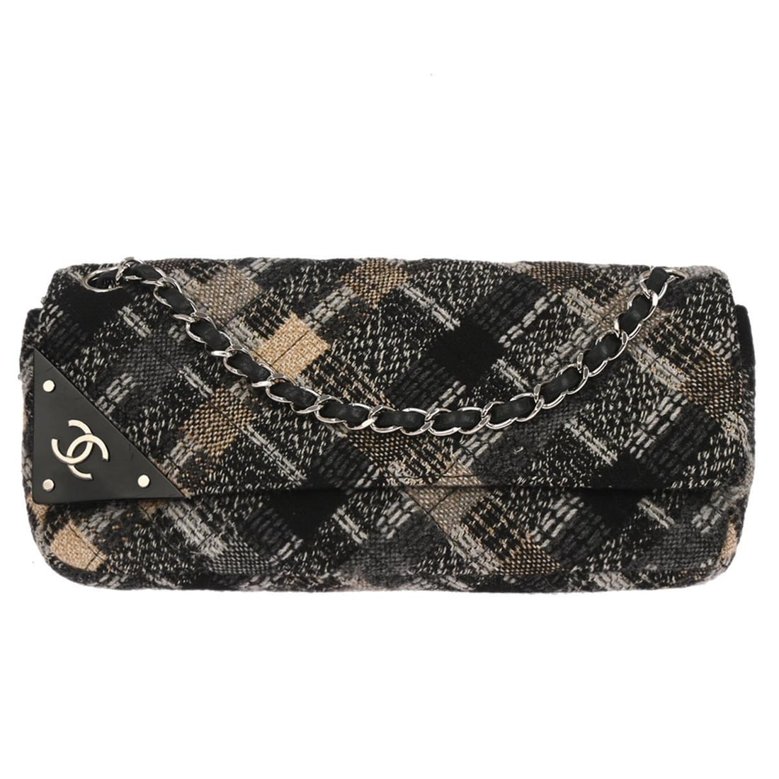 Chanel Tweed Shoulder Flap Bag CC Tab Black 25cm: Chanel Tweed Shoulder Flap Bag CC Tab Black 25cm This Chanel CC Tab Flap Shoulder Bag is crafted from black tweed, combining classic style with refined elegance. Designed for women, the bag features a