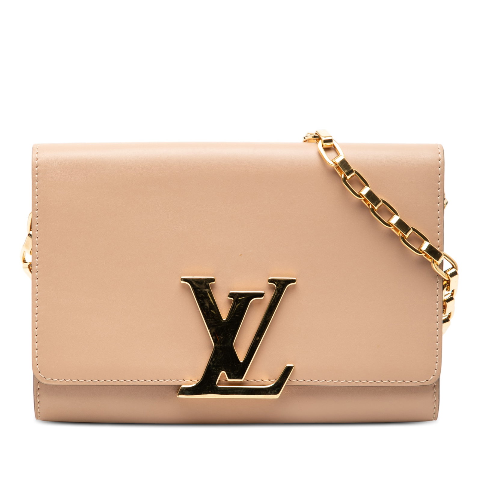Beige Leather Louise Chain GM Shoulder Bag by Louis Vuitton: Beige Leather Louise Chain GM Shoulder Bag by Louis Vuitton The Louis Vuitton Louise Chain GM features a beige leather body with a chain link strap and a front flap secured by a magnetic snap closure.
