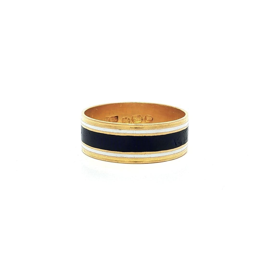 Antique 22k Yellow Gold Band Ring with Blue White Enamel: Antique 22k Yellow Gold Band Ring with Blue White Enamel This exquisite antique band ring showcases beautiful craftsmanship in 22k solid yellow gold, accented with intricate blue and white enamel work
