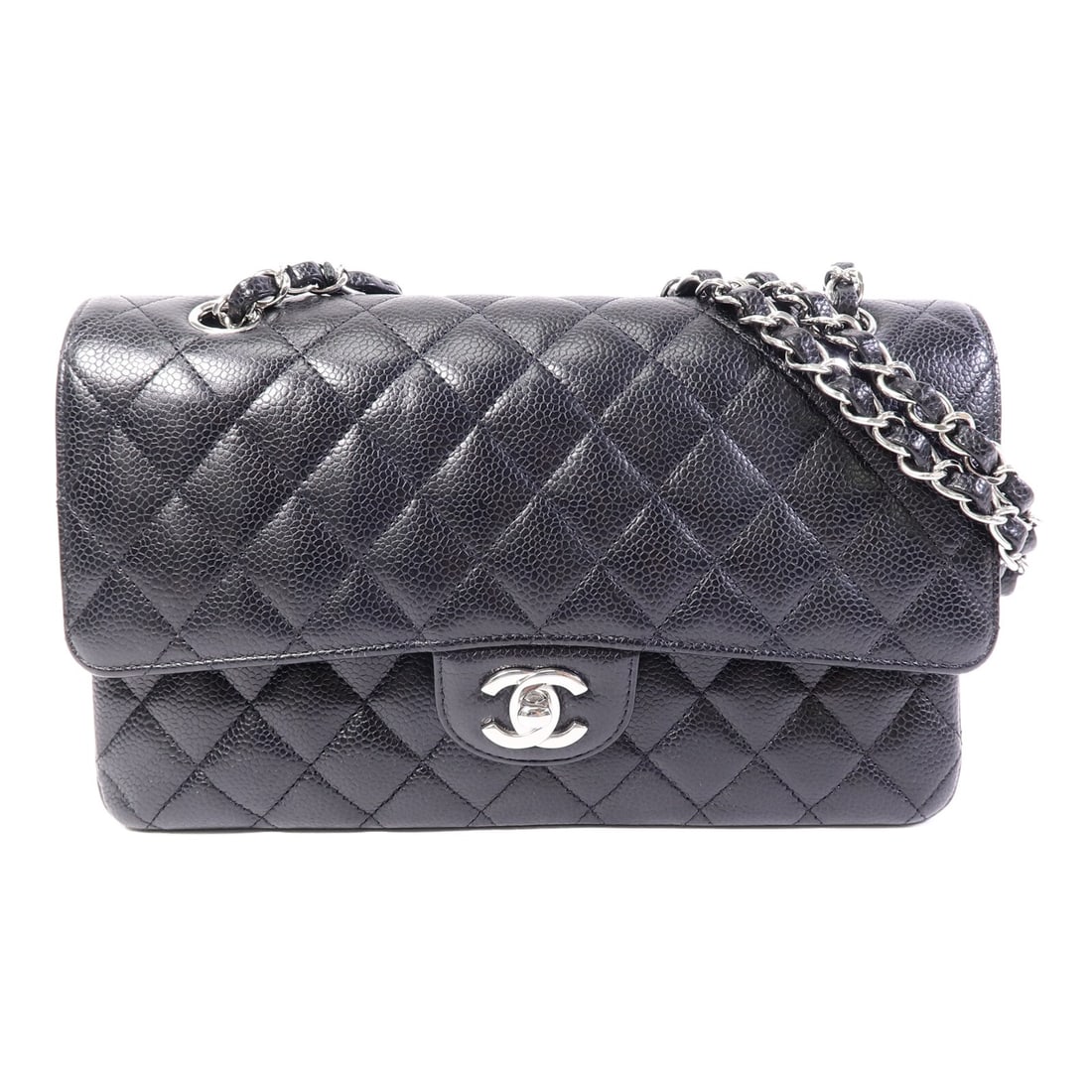 CHANEL Classic 25 Black Calfskin Shoulder Bag CC SHW: CHANEL Classic 25 Black Calfskin Shoulder Bag CC SHW This CHANEL Classic 25 chain shoulder bag showcases a timeless design in black calfskin leather. The bag features silver-tone hardware, a structure