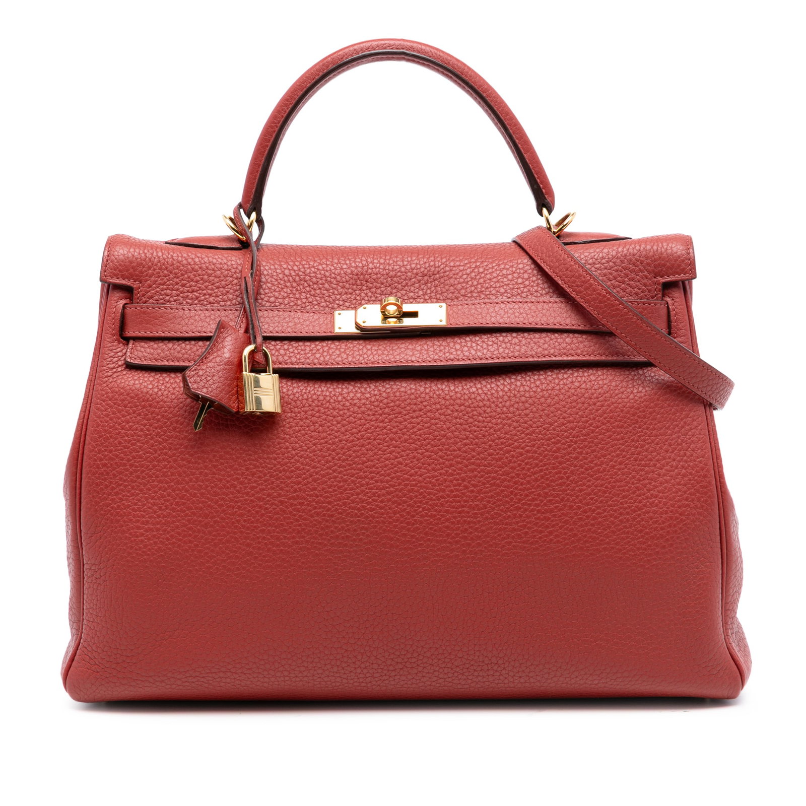 Brique Togo Leather Kelly II Retourne 35 Shoulder Bag by Hermes: Brique Togo Leather Kelly II Retourne 35 Shoulder Bag by Hermes The Hermes Togo Kelly II Retourne 35 is crafted from Togo leather in a Brique color. It features a flat leather top handle, a detachable