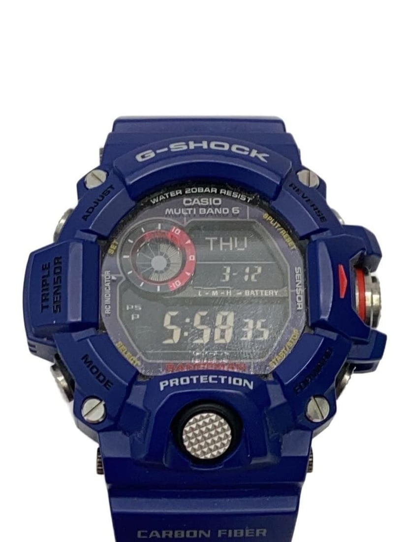 Casio G Shock GW 9400NVJ Blue Men's Wristwatch: Casio G Shock GW 9400NVJ Blue Men's Wristwatch This CASIO G-SHOCK Quartz GW-9400NVJ men's wristwatch features a blue stainless steel case and band. The watch shows signs of use, including scratches, a