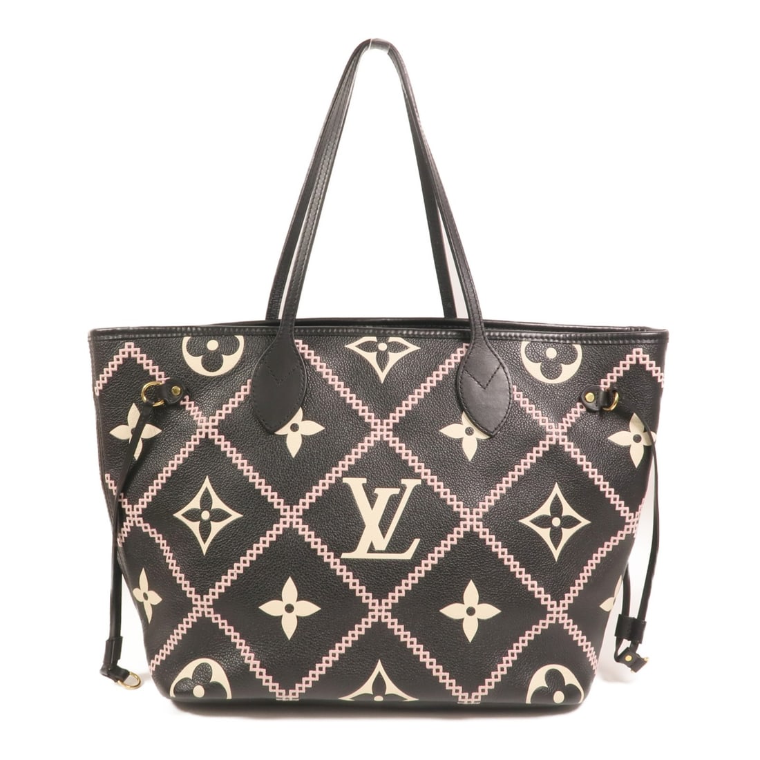 Louis Vuitton Neverfull MM Black Calfskin Tote with Gold Hardware: Louis Vuitton Neverfull MM Black Calfskin Tote with Gold Hardware This Louis Vuitton Neverfull MM tote bag features a black Monogram Empreinte design crafted from calfskin leather. Designed for women,
