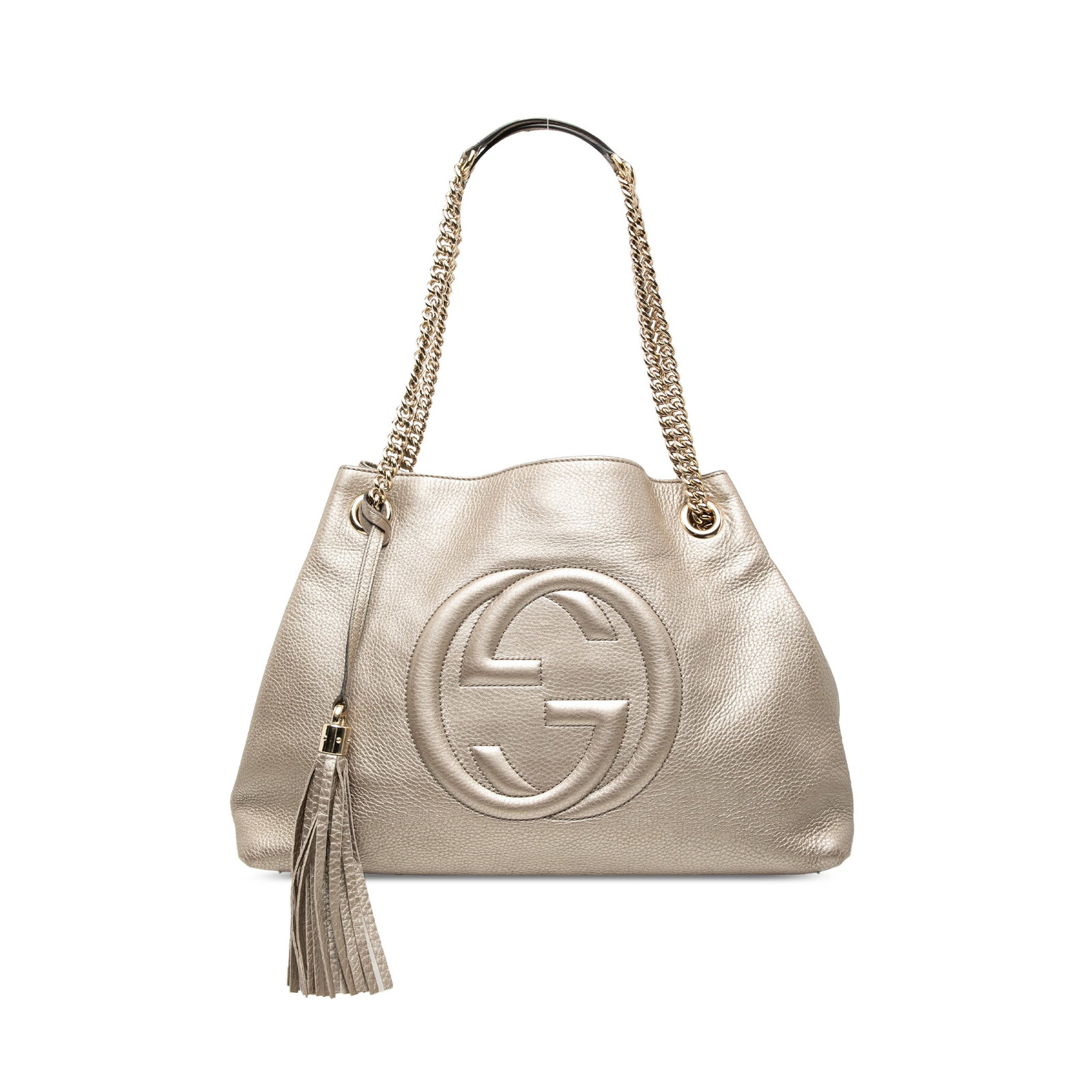 Gucci Soho Chain Tote Medium Gold Metallic Leather Handbag: Gucci Soho Chain Tote Medium Gold Metallic Leather Handbag This Gucci Medium Metallic Calfskin Soho Chain Tote features a gold-tone leather body, curb chain straps with leather guards, an open top wit