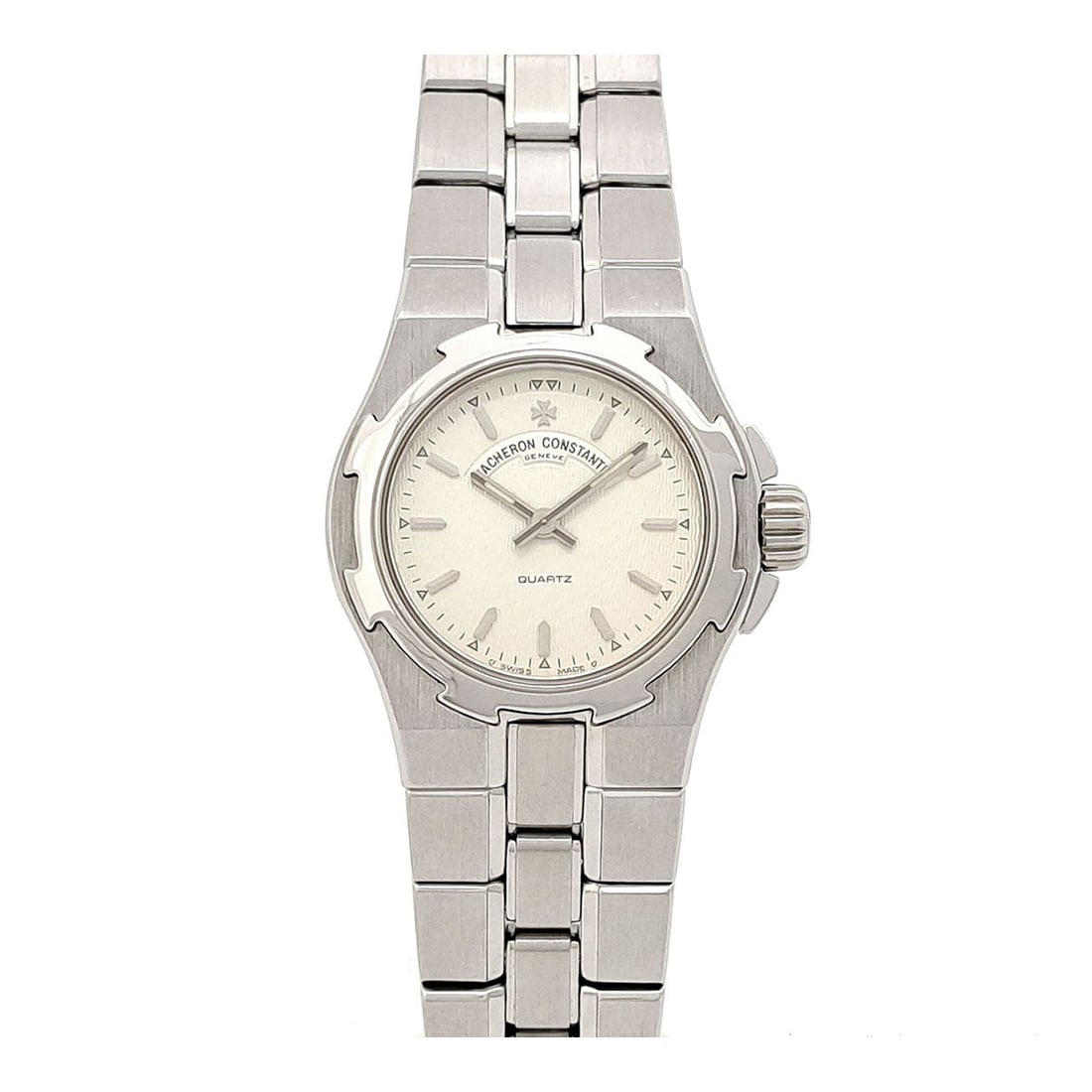 Vacheron Constantin Overseas Quartz Steel Ladies Watch 16050/423A Box Guarantee: Vacheron Constantin Overseas Quartz Steel Ladies Watch 16050/423A Box Guarantee This Vacheron Constantin Overseas 16050/423A is a women's wristwatch crafted in Switzerland. The watch features a stainl