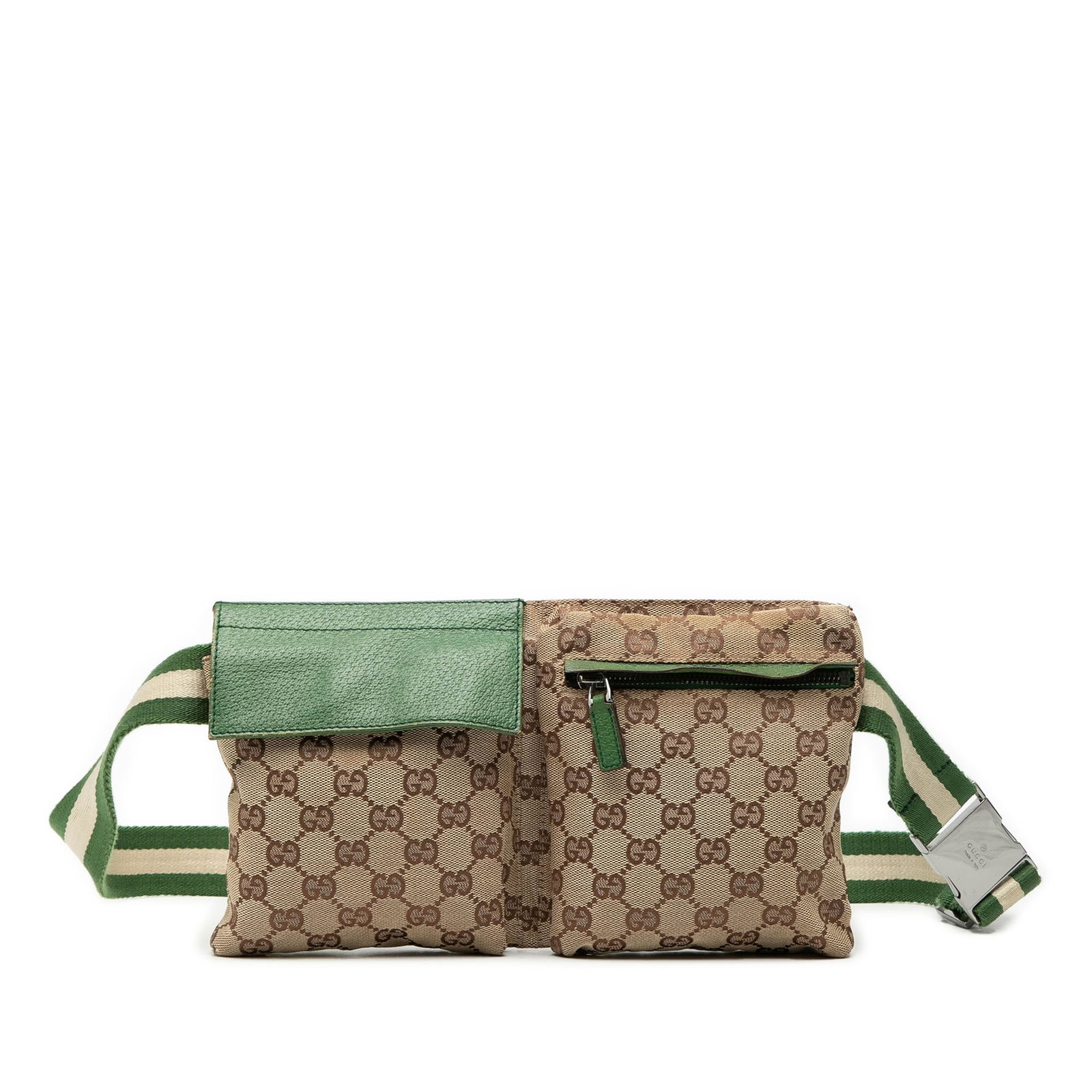 Gucci GG Canvas Web Belt Bag with Double Front Pockets: Gucci GG Canvas Web Belt Bag with Double Front Pockets This Gucci GG Canvas Web Double Pocket Belt Bag features a beige canvas body with an adjustable flat web canvas belt strap. It is designed with f