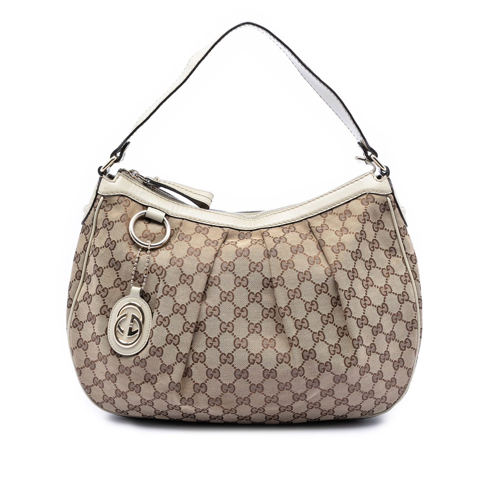 Gucci Sukey Beige Canvas Shoulder Bag with Leather Trim: Gucci Sukey Beige Canvas Shoulder Bag with Leather Trim This Gucci Sukey shoulder bag features the iconic GG canvas with leather trim, a flat leather strap, a top zip closure, and interior zip and sli