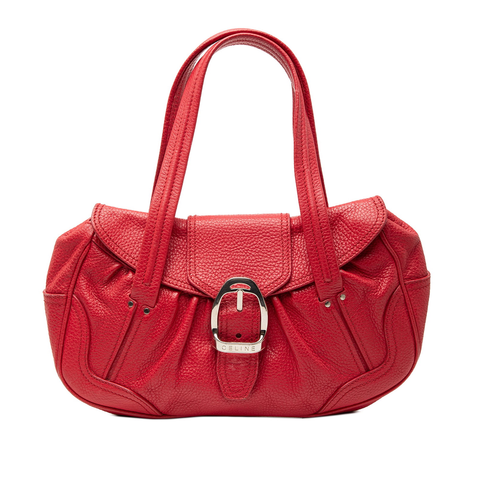 Red Leather Shoulder Bag by Celine with Flap Buckle Closure: Red Leather Shoulder Bag by Celine with Flap Buckle Closure This Celine shoulder bag showcases a red leather body with flat leather straps and a flap featuring a buckle closure. The interior includes 