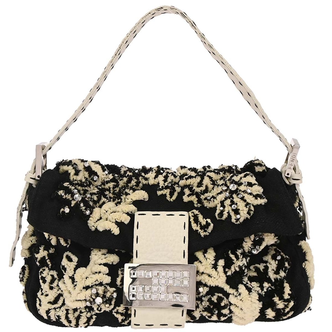 Fendi Baguette Medium Black Wool Top Handle Handbag with Silver Hardware: Fendi Baguette Medium Black Wool Top Handle Handbag with Silver Hardware This Fendi Baguette handbag features a black wool exterior with a white top handle and silver-tone hardware. Designed for casua