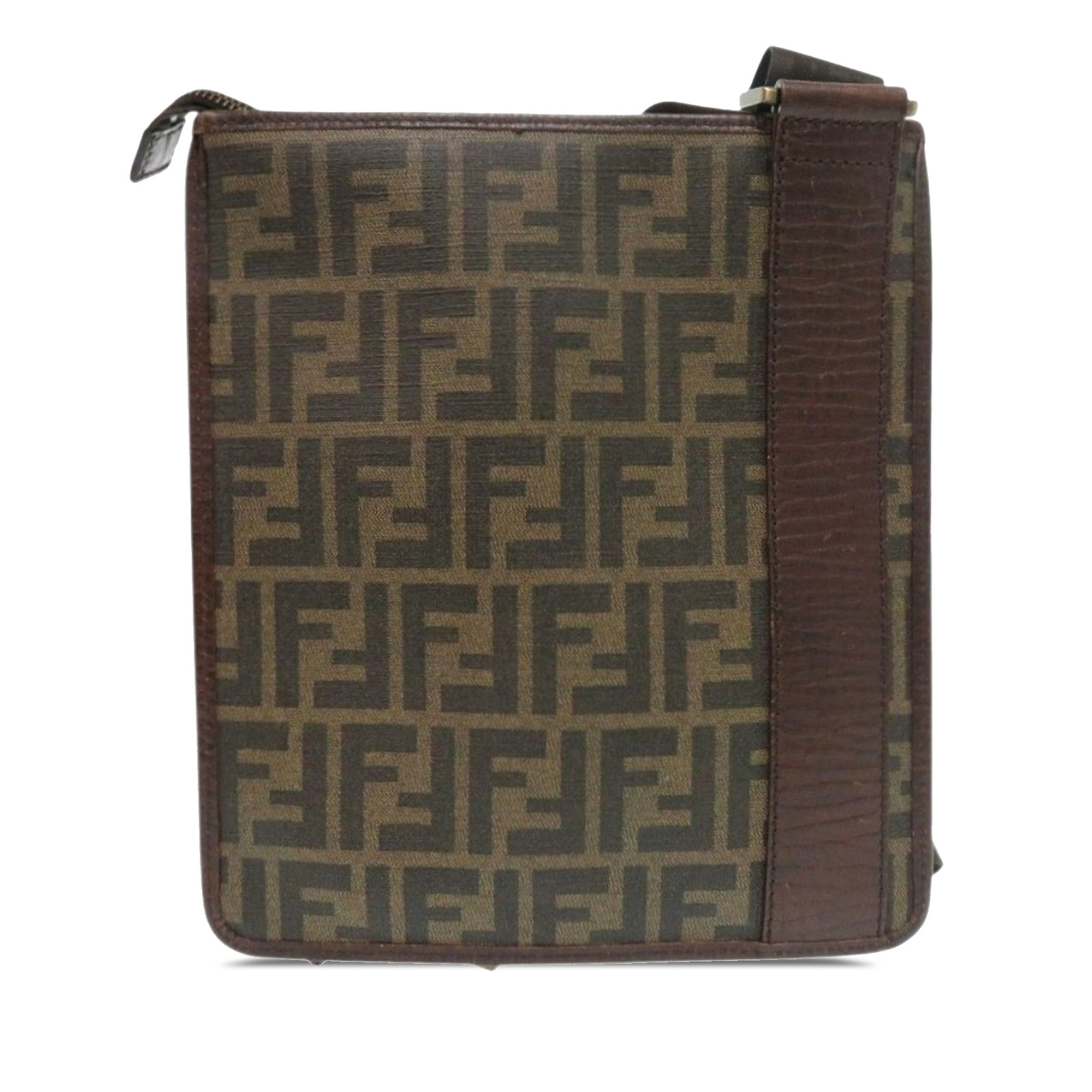 Fendi Zucca Brown Coated Canvas Crossbody Bag with Leather Trim: Fendi Zucca Brown Coated Canvas Crossbody Bag with Leather Trim This Fendi Zucca crossbody bag showcases the iconic coated canvas body with leather trim, complemented by a flat canvas strap. It featur