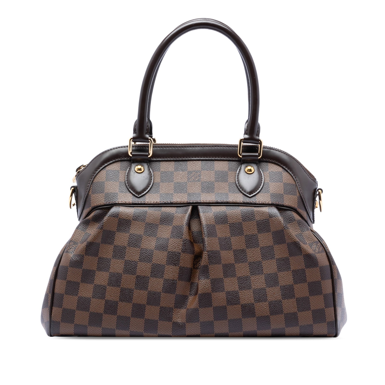 Louis Vuitton Trevi PM Brown Damier Ebene Canvas Handbag with Leather Trim: Louis Vuitton Trevi PM Brown Damier Ebene Canvas Handbag with Leather Trim This Louis Vuitton Damier Ebene Trevi PM features the iconic Damier Ebene canvas with leather trim, rolled leather handles, a