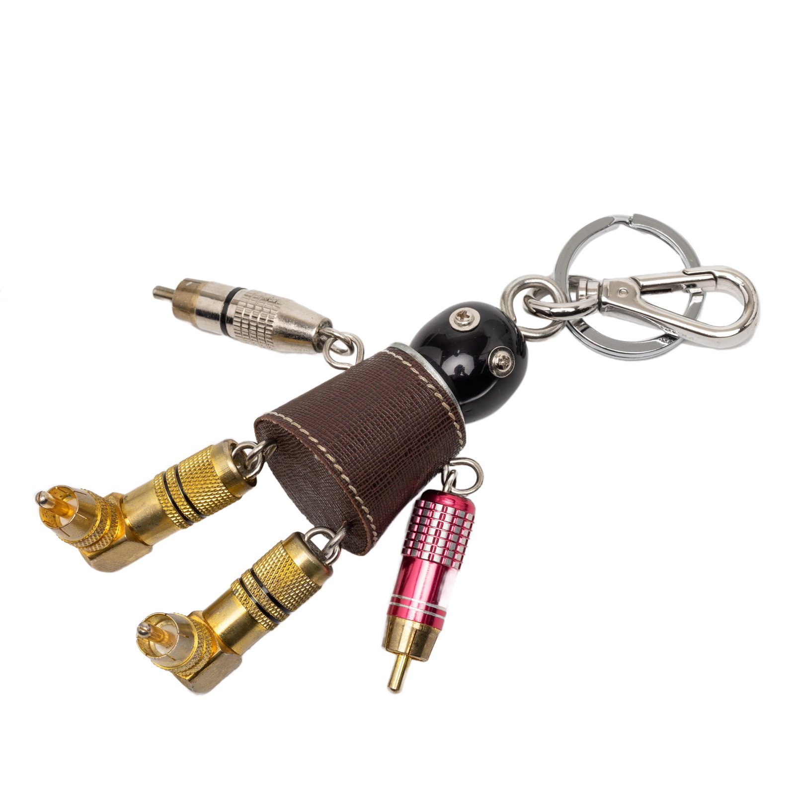Brown Leather Robot Key Chain with Metal Clasp by Prada: Brown Leather Robot Key Chain with Metal Clasp by Prada This Prada key chain features a brown leather body paired with metal hardware, including a lobster claw clasp and a key ring attachment. The acc