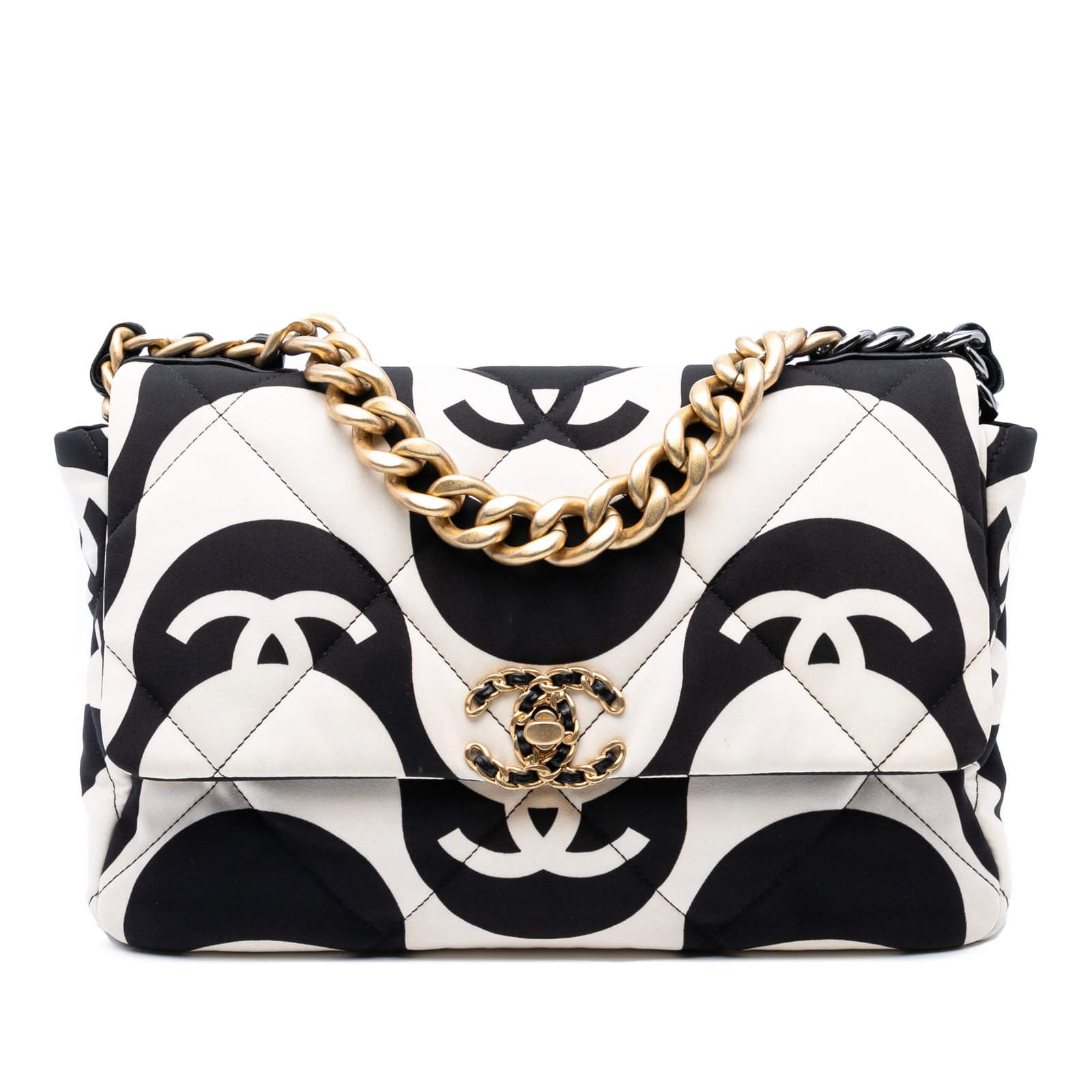 Chanel Large 19 Flap Printed Silk Bag with Gold Chain: Chanel Large 19 Flap Printed Silk Bag with Gold Chain This Chanel Large Printed Silk 19 Flap bag showcases a stunning quilted and printed silk body that exudes elegance and sophistication. It features