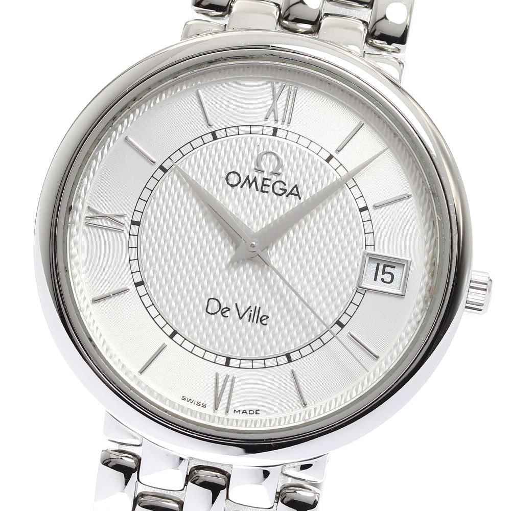 Omega De Ville Prestige quartz date wristwatch 33mm stainless steel: Omega De Ville Prestige quartz date wristwatch 33mm stainless steel This OMEGA De Ville Prestige Date Quartz men's wristwatch features a stainless steel case and bracelet with a silver dial. The watch