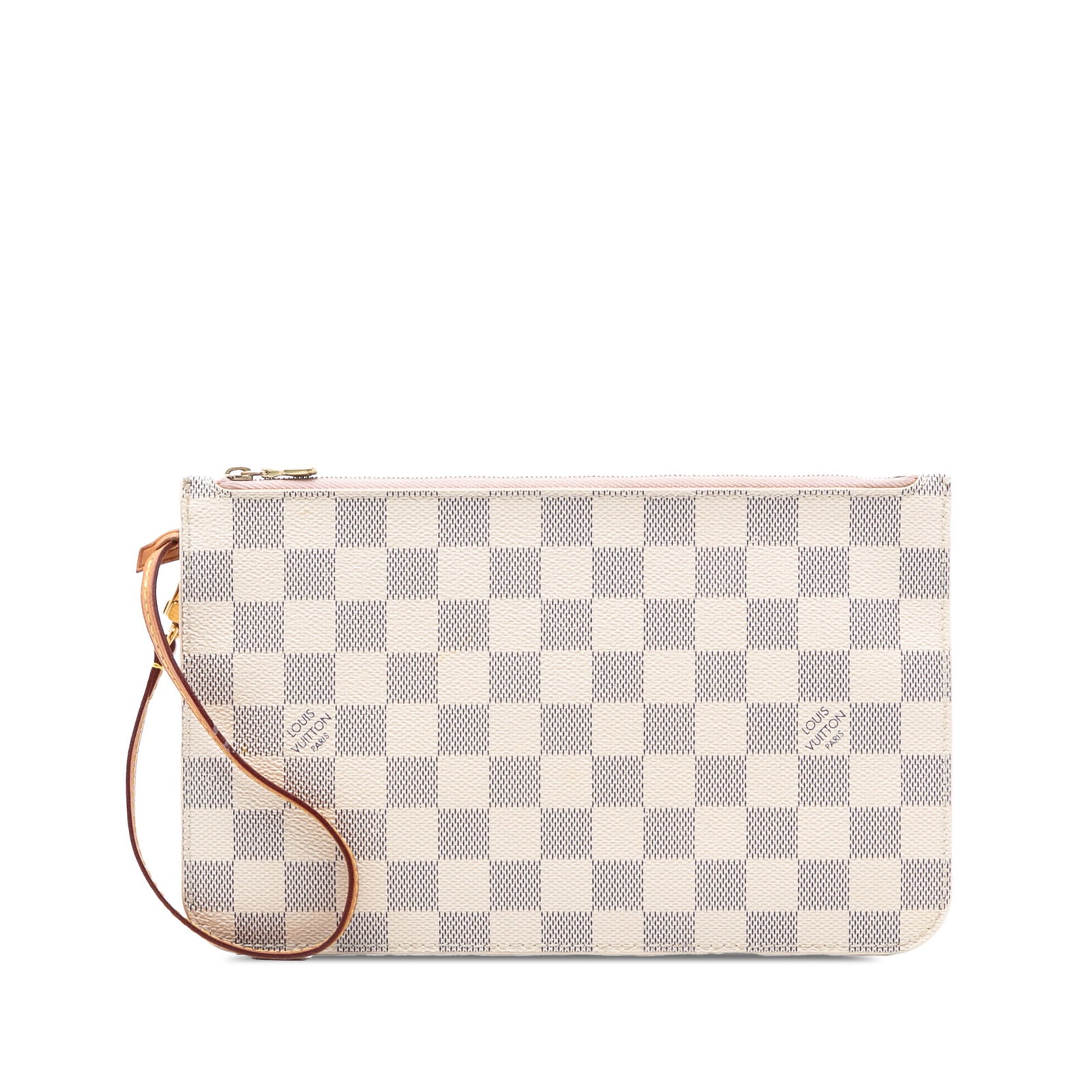 Louis Vuitton Neverfull MM Damier Azur Canvas Zippered Pouch: Louis Vuitton Neverfull MM Damier Azur Canvas Zippered Pouch This Louis Vuitton Neverfull MM pouch features the signature Damier Azur canvas with a flat vachetta leather wrist strap, a secure top zip 