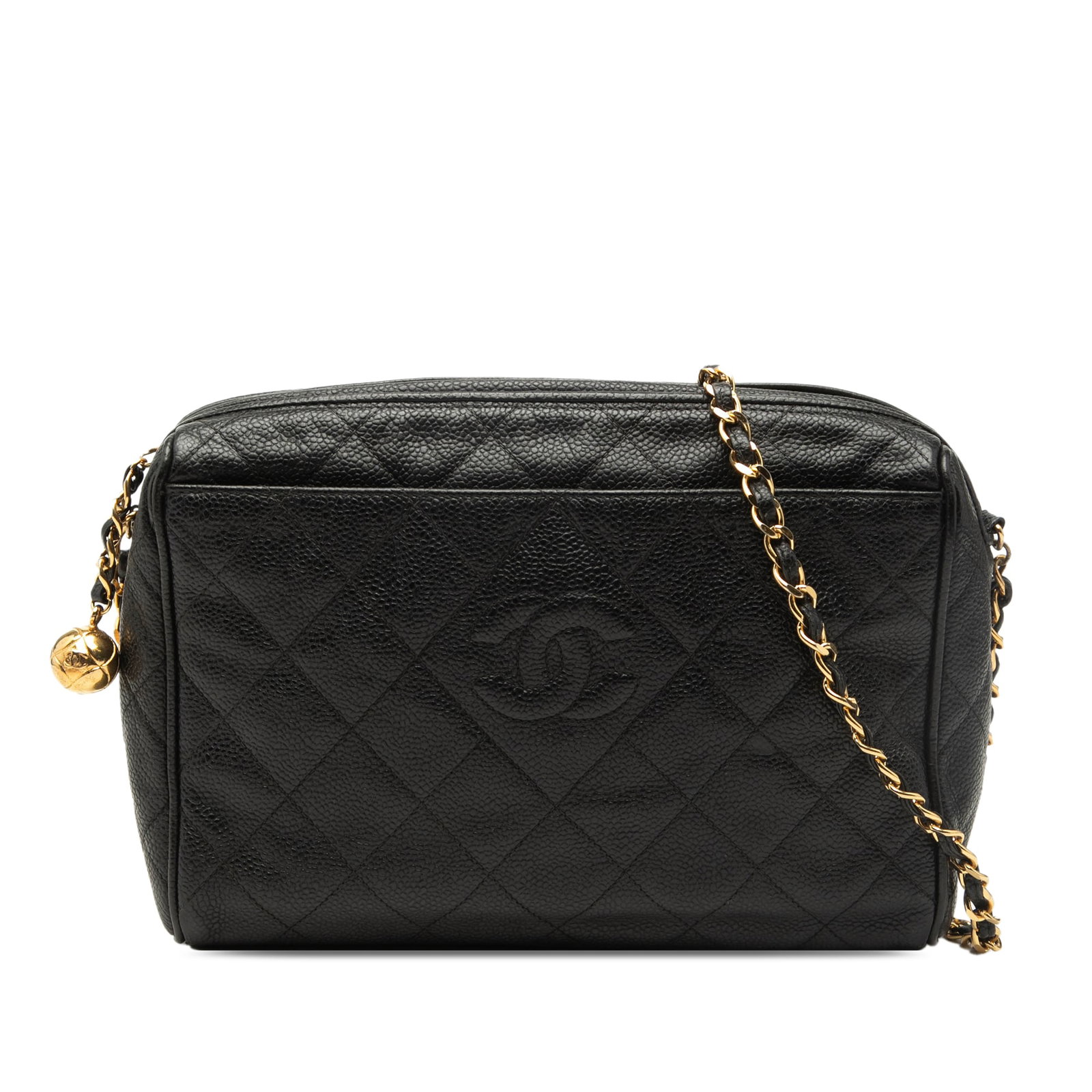 Chanel Black Caviar Leather Quilted Camera Crossbody Bag with Chain Strap: Chanel Black Caviar Leather Quilted Camera Crossbody Bag with Chain Strap This Chanel CC Quilted Caviar Chain Camera Bag features a durable caviar leather exterior, a leather-woven chain link strap, a