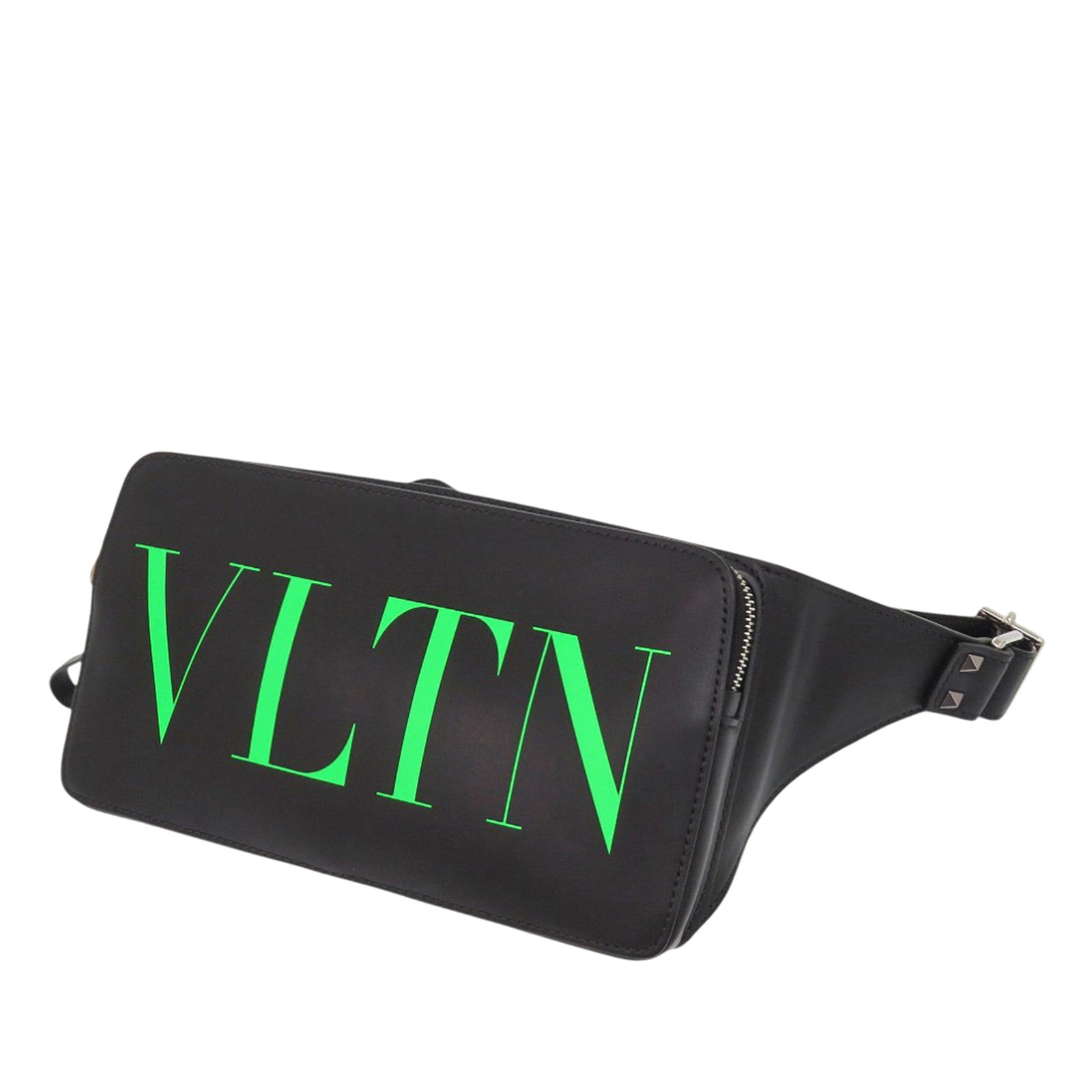 Valentino VLTN Rockstud Black Leather Belt Bag with Studded Strap: Valentino VLTN Rockstud Black Leather Belt Bag with Studded Strap This Valentino VLTN Rockstud belt bag is crafted from leather and features an adjustable flat leather waist strap adorned with signatu