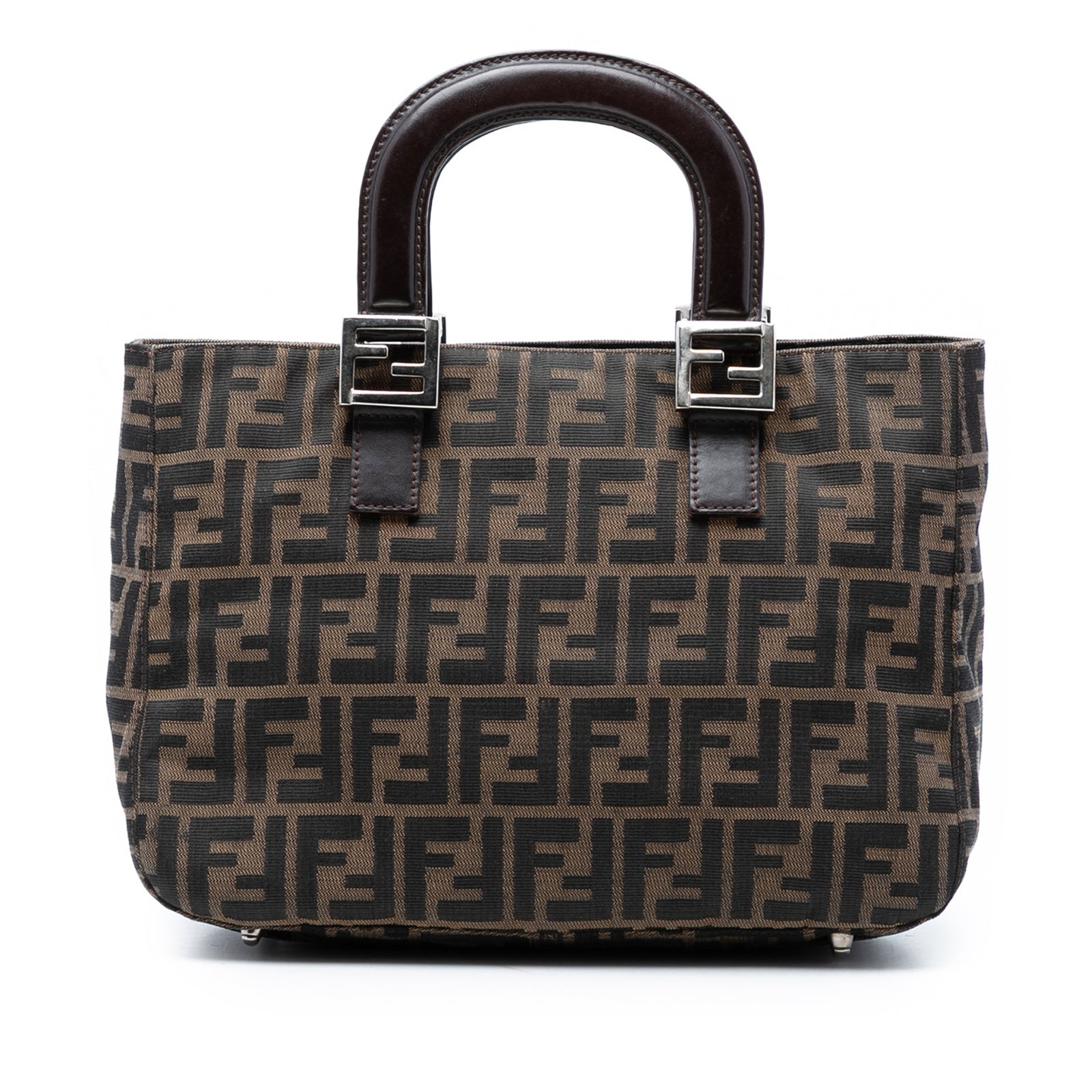 Fendi Zucca Twins Small Canvas Tote with Leather Handles: Fendi Zucca Twins Small Canvas Tote with Leather Handles This Fendi Small Zucca Canvas Twins Tote features a canvas exterior with a signature Zucca pattern, complemented by flat leather top handles. T