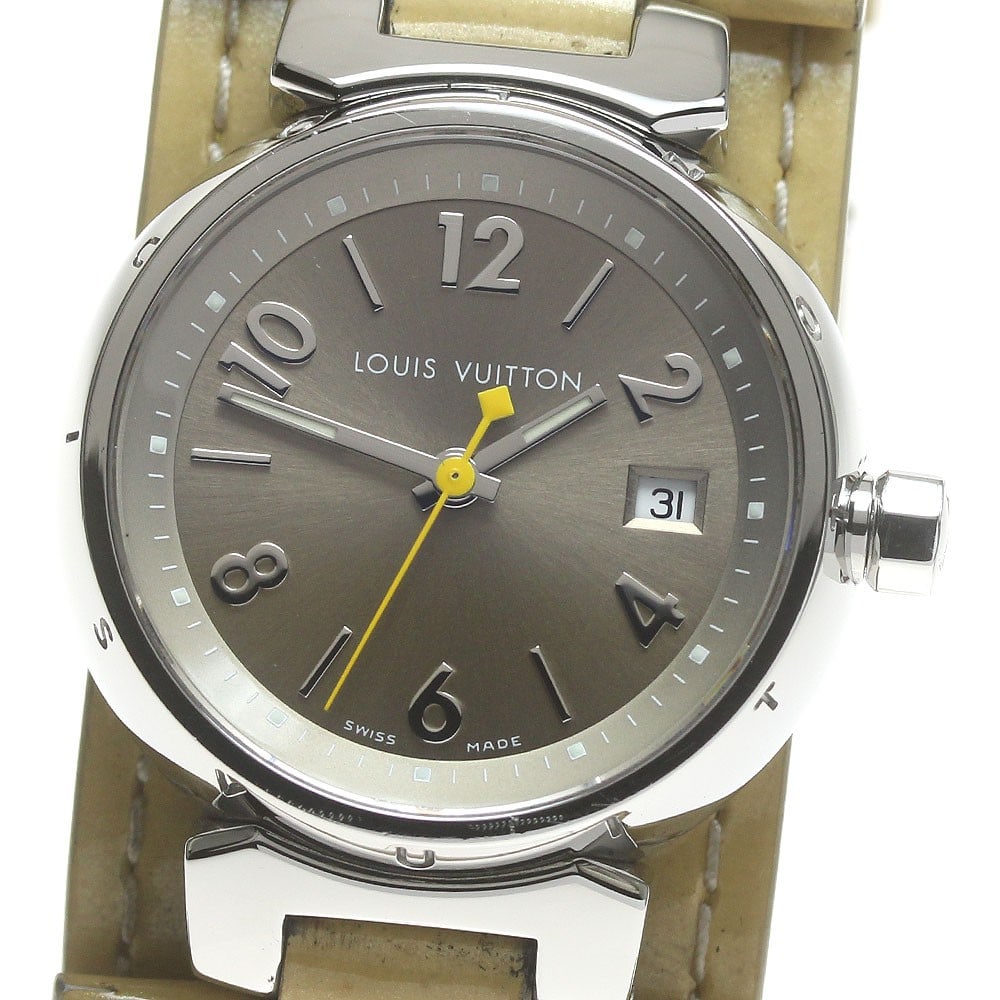 Louis Vuitton Tambour quartz women's date wristwatch Q1212: Louis Vuitton Tambour quartz women's date wristwatch Q1212 This Louis Vuitton Tambour Date Quartz ladies wristwatch features a stainless steel case paired with a beige dial and a patent leather strap.