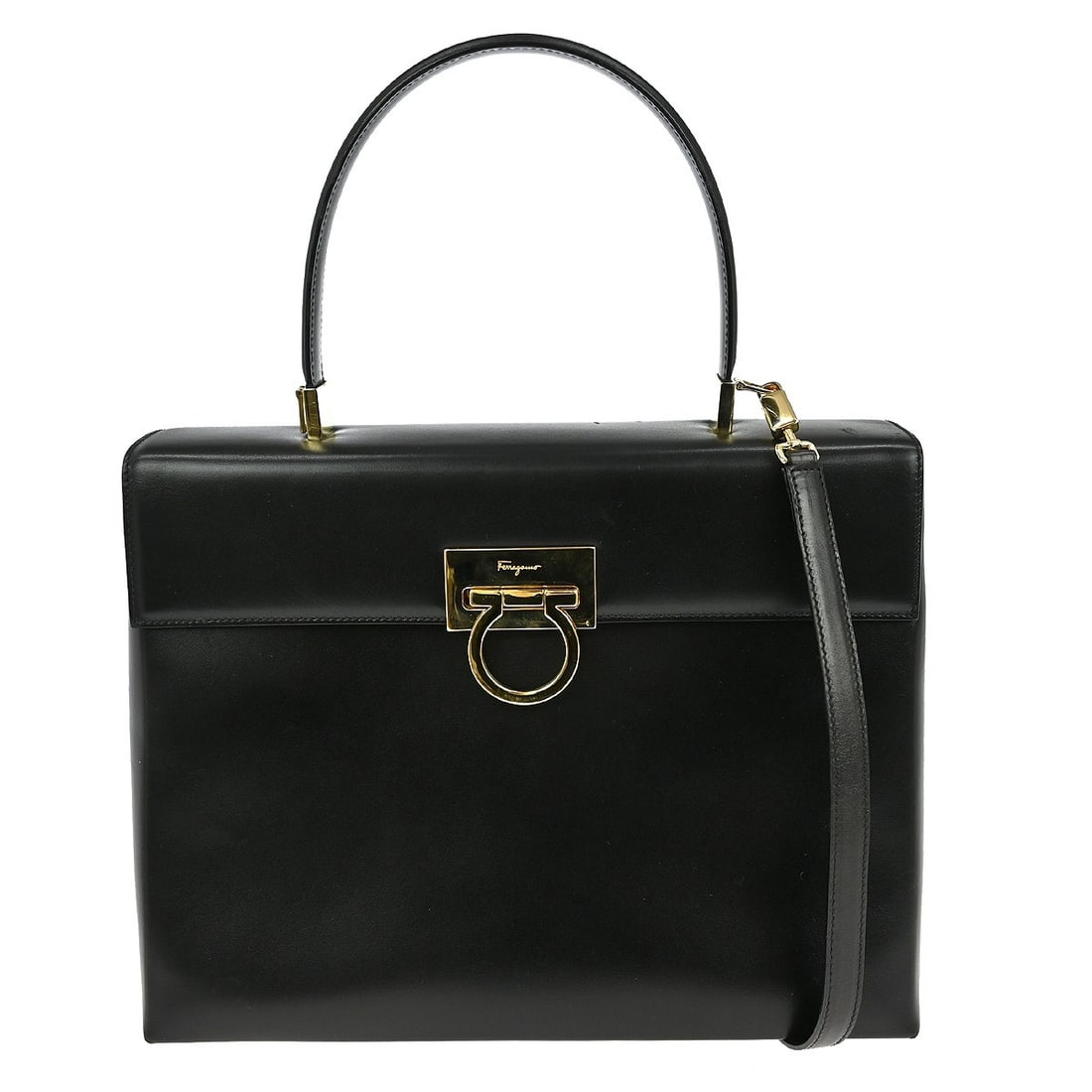 Salvatore Ferragamo Gancini Black Leather Top Handle 2-Way Bag Medium (1 of 7)