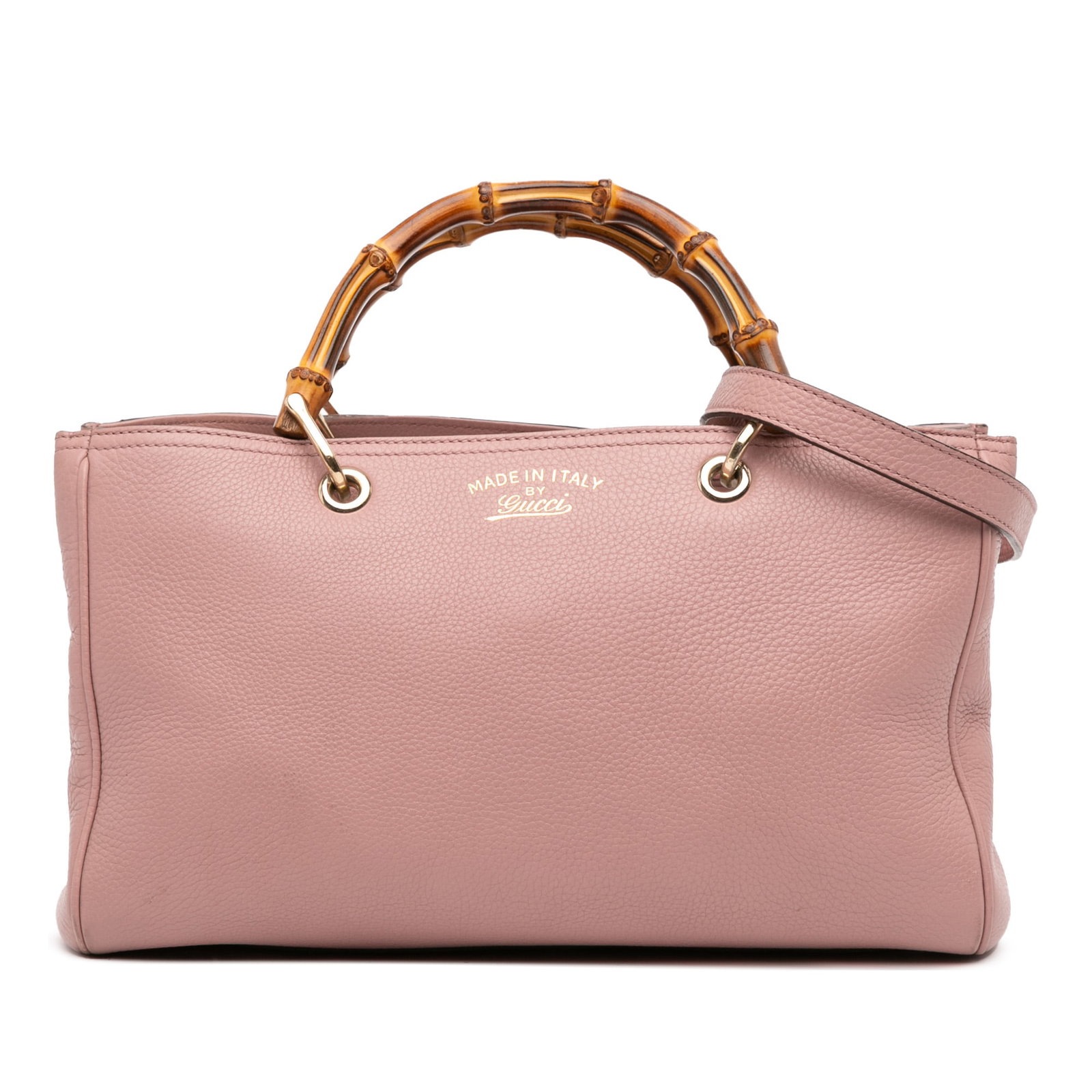 Gucci Medium Pink Calfskin Bamboo Shopper Satchel with Bamboo Handles: Gucci Medium Pink Calfskin Bamboo Shopper Satchel with Bamboo Handles This Gucci Medium Calfskin Bamboo Shopper Satchel is a stylish and functional bag crafted from premium leather. It features elegan